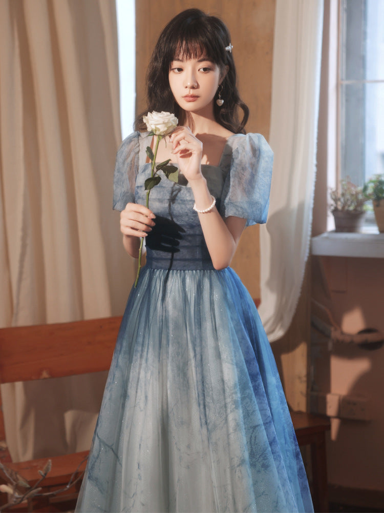 Gradient Blue A-Line Prom Dress with Short Sleeves - Elegant Formal Party Gown for Homecoming, Wedding Guest & Special Occasions