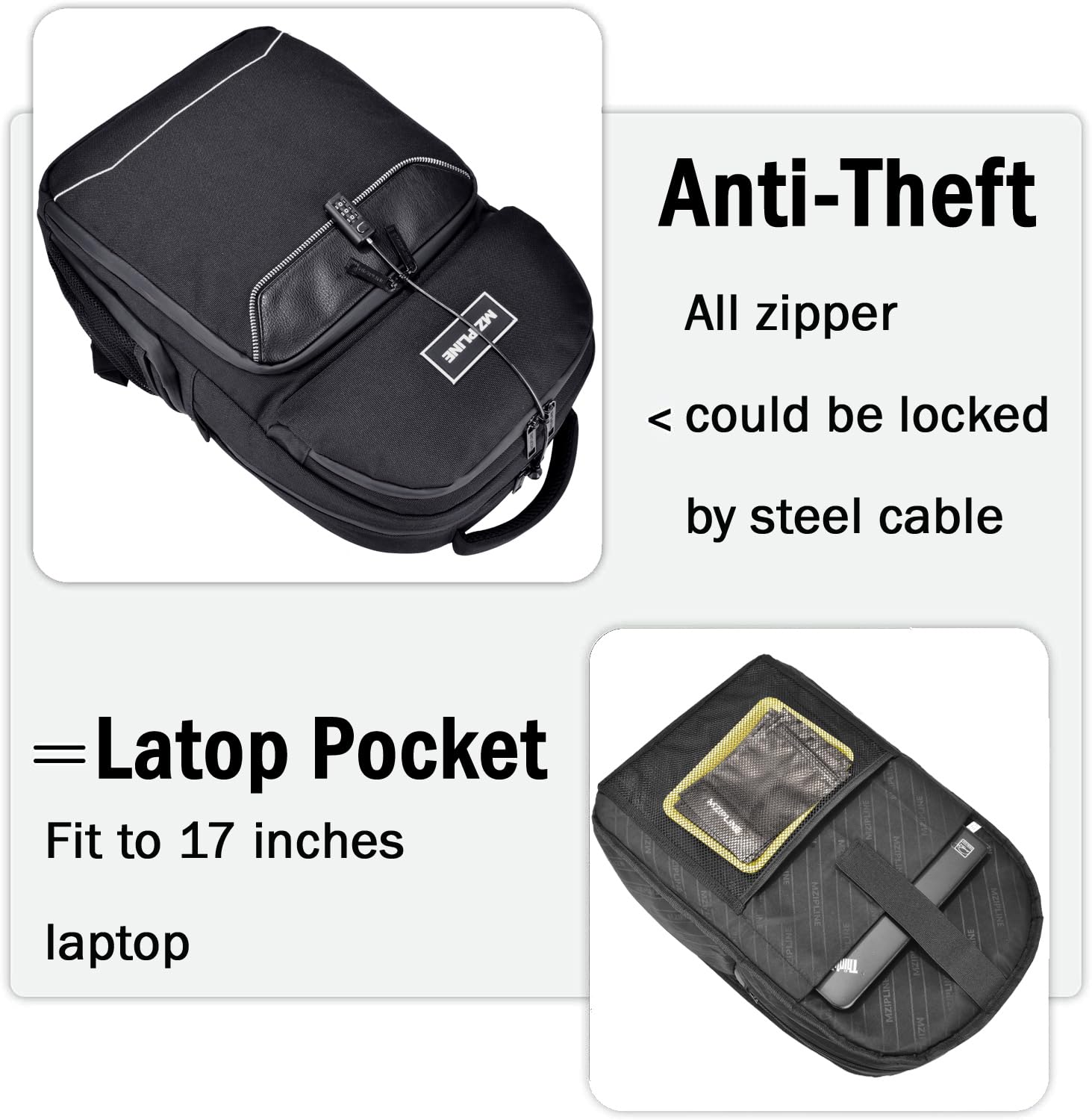 Anti-Theft Travel Laptop Backpack with Lock - Large Business Backpack for College Men & Women - Waterproof Daypack for Commuting, Work & Air Travel (Black)