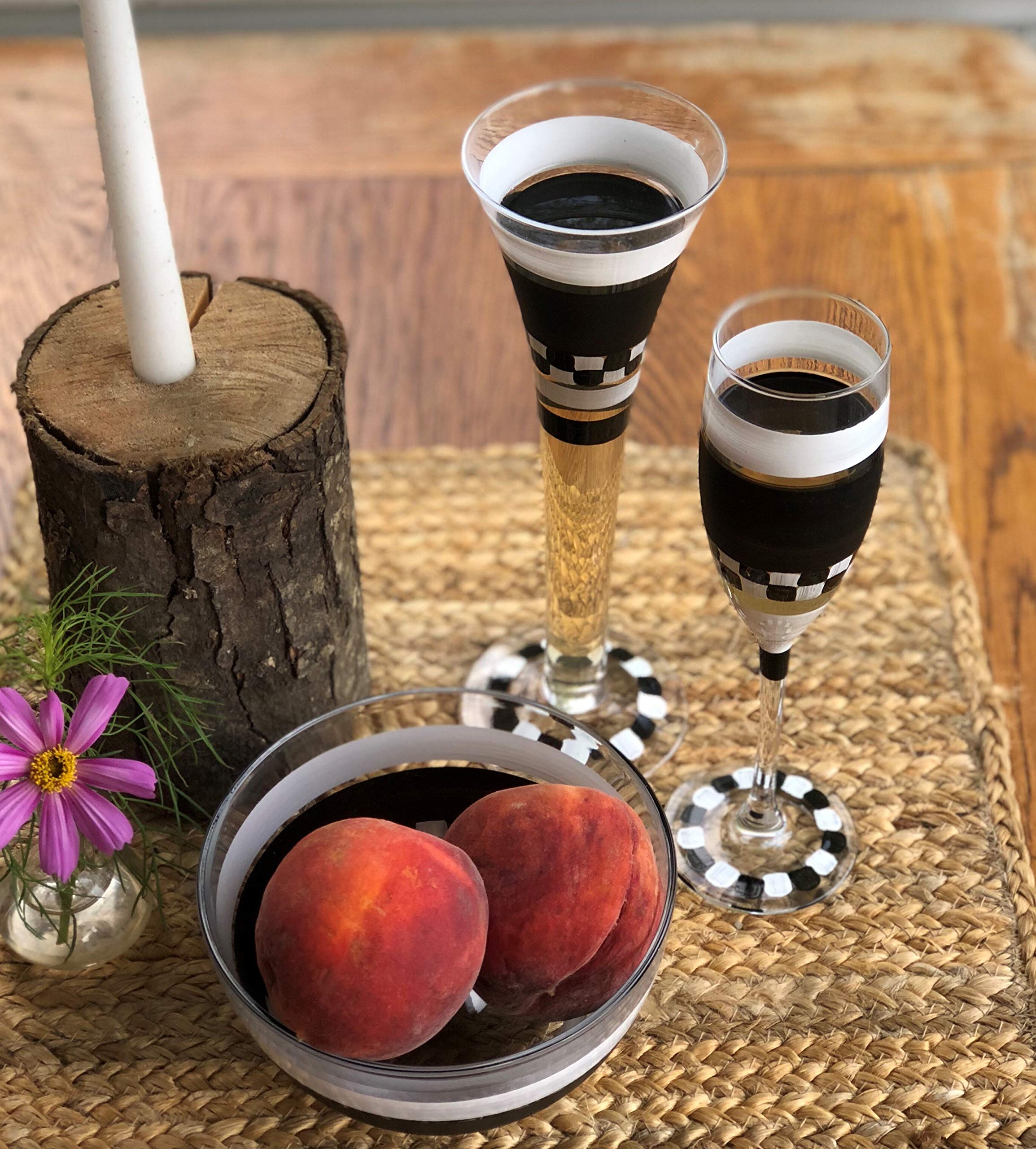 Black and White Checkered Hand-Painted Champagne Glasses Set of 2 - 10.5 oz Elegant Flutes for Weddings, Anniversaries & Romantic Celebrations