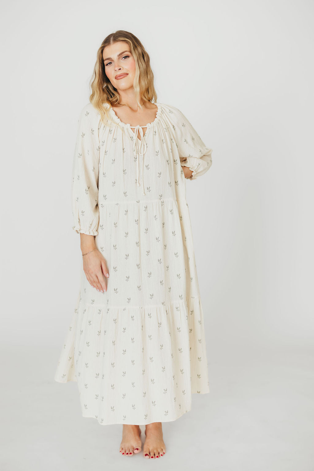 Avery Tiered Linen Blend Midi Dress in Soy/Sage Foliage - Bump Friendly Maternity Dress with Inclusive Sizing for Women - Perfect for Summer Weddings, Beach Vacations & Brunch Dates