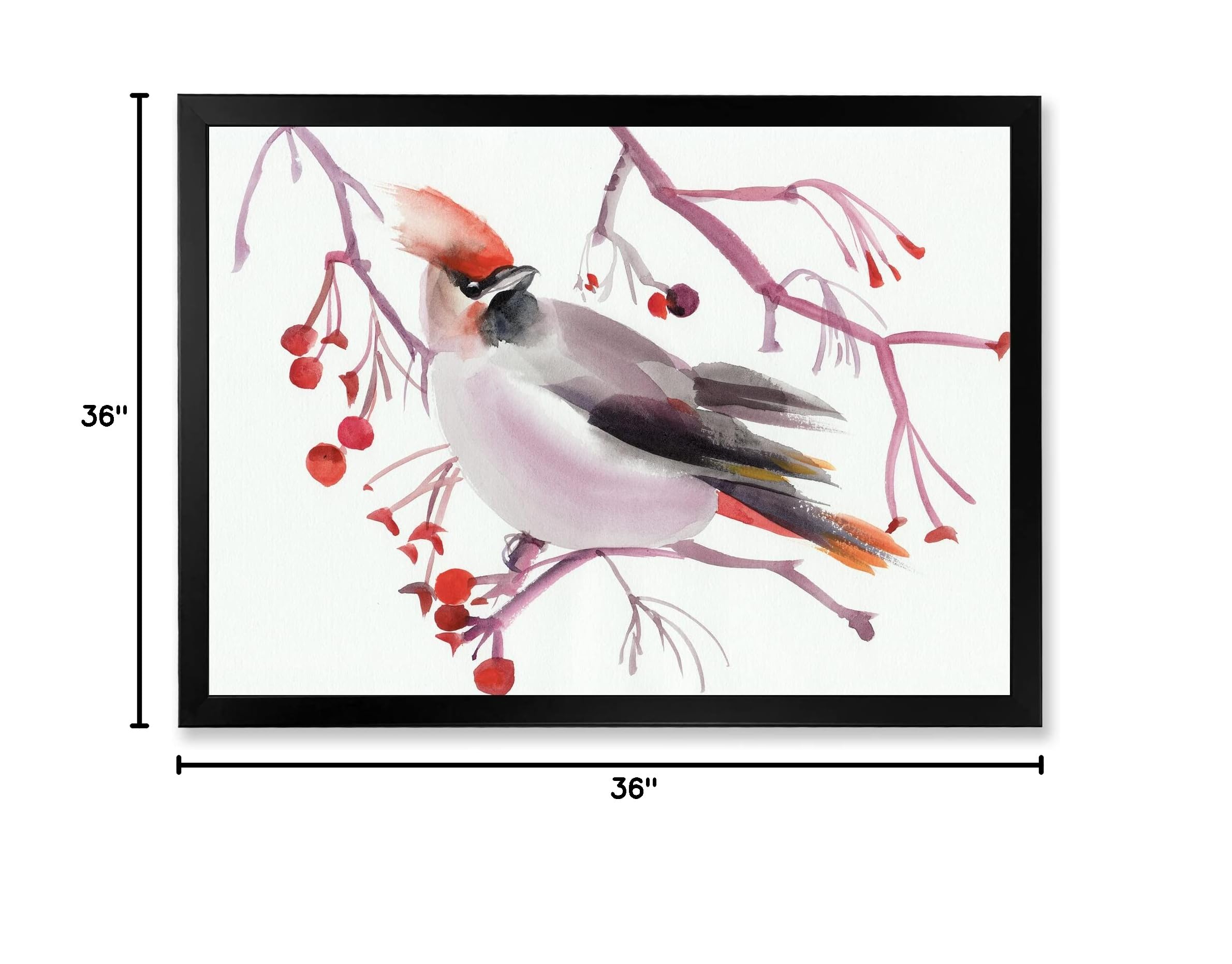 Waxwing Bird on Branch Framed Wall Art - Traditional Nature Home Decor for Living Room, Bedroom & Office