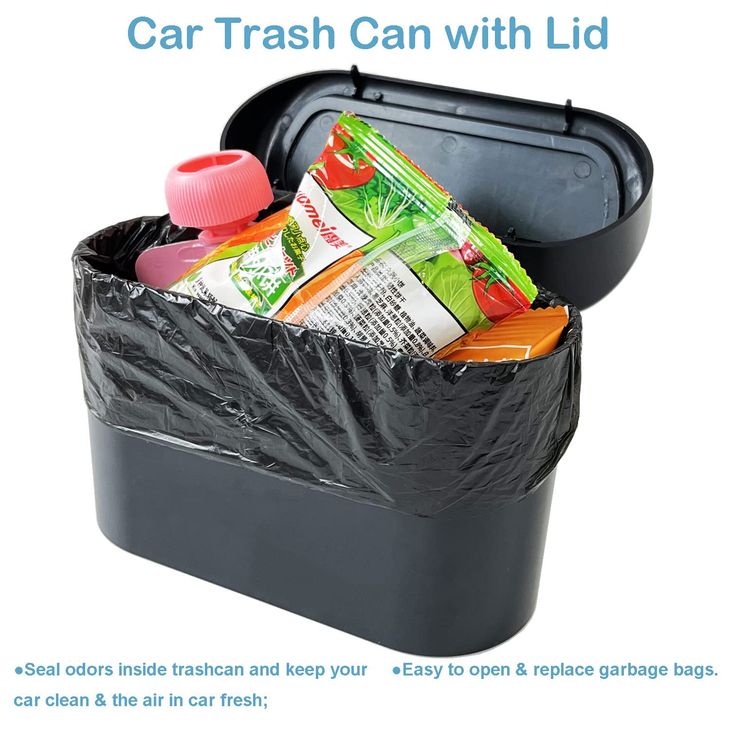 Kitbest Car Trash Can with Lid - 60 Trash Bags & 2 Car Hooks Included | Mini Auto Garbage Bin for Car, Office & Home | Perfect for Front/Back Seat Organization & Road Trips