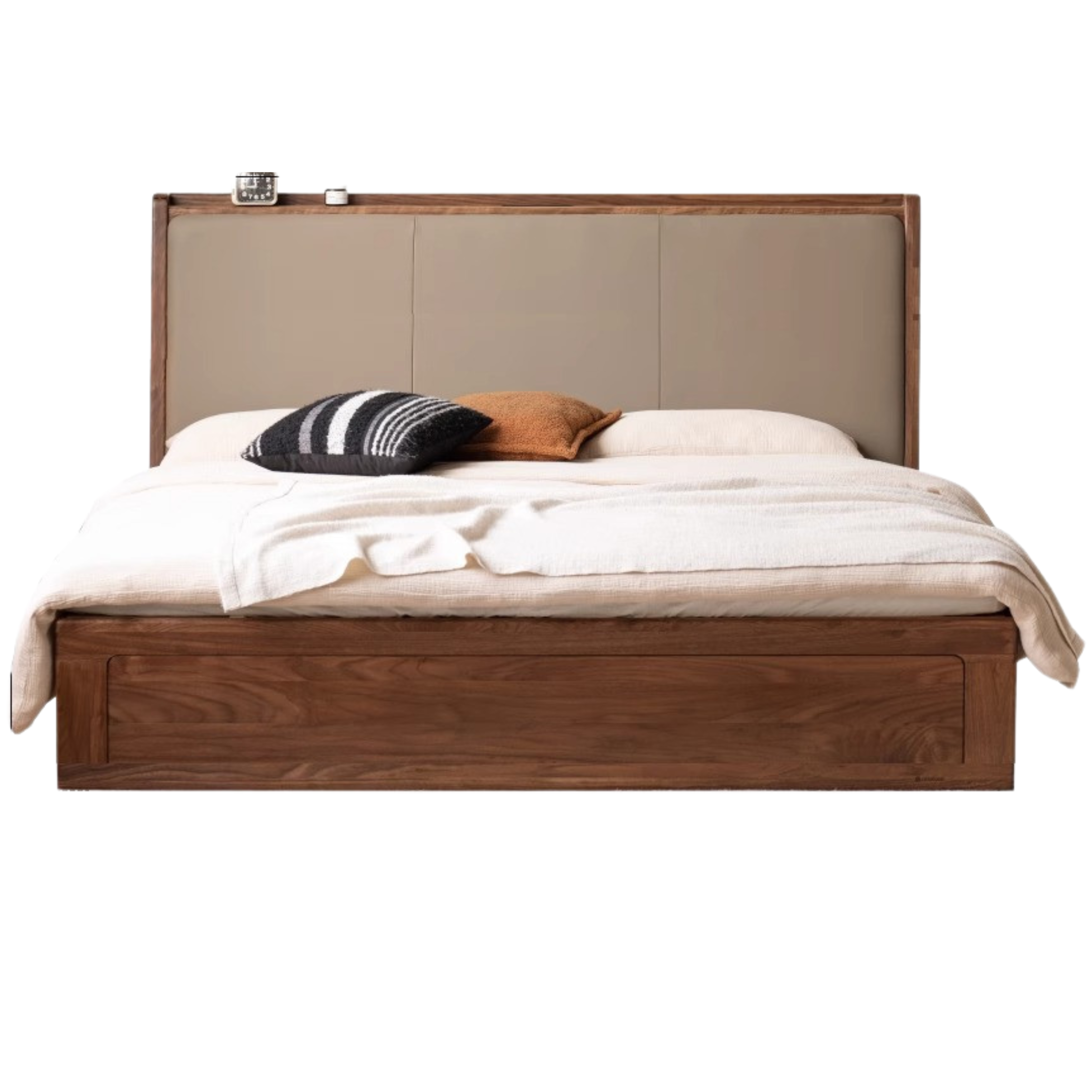 Solid Black Walnut Wood Leather-Upholstered Drawer Box Bed - Nordic Style Platform Bed with Storage for Modern Bedroom