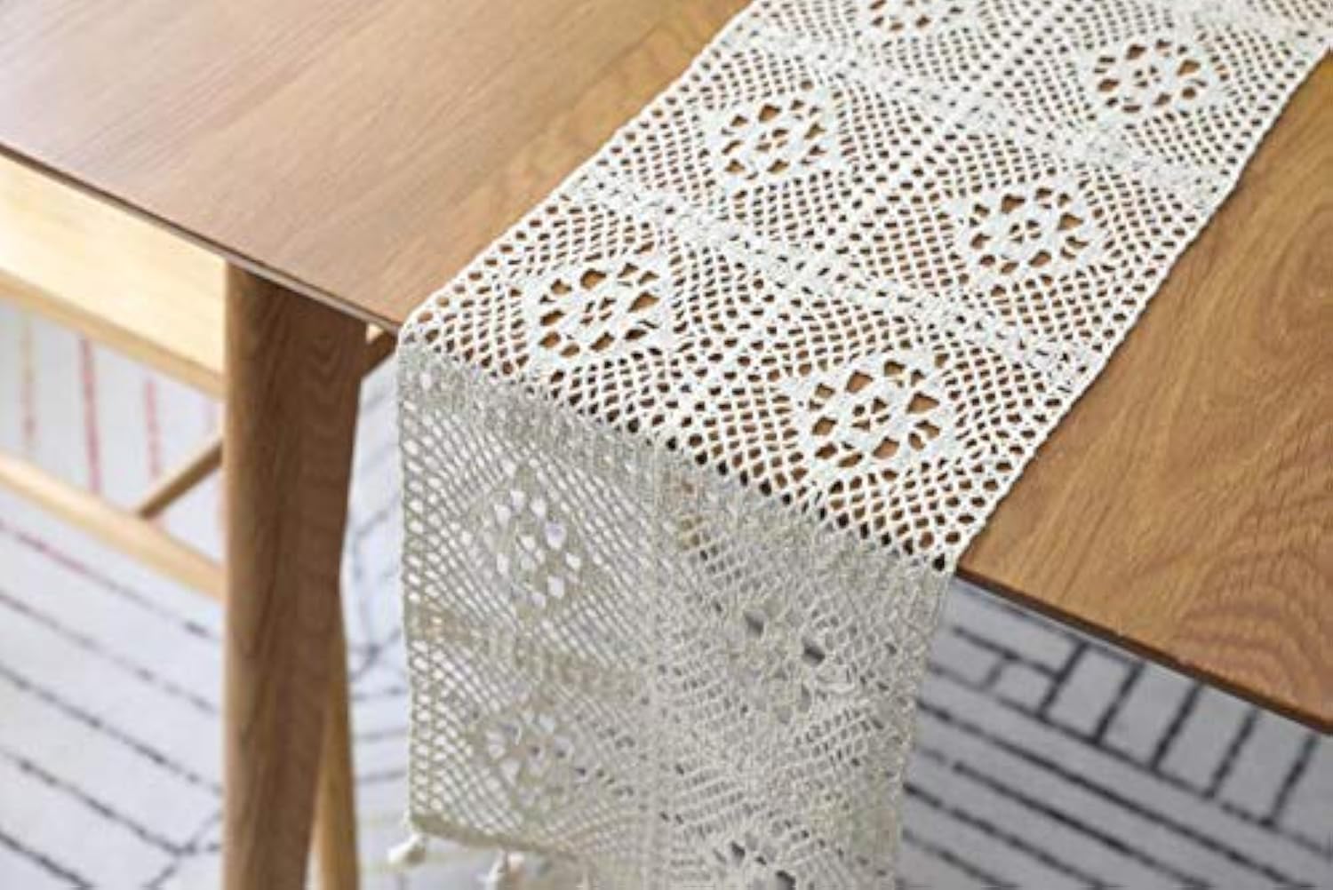 Handmade Crochet Lace Table Runner - 100% Cotton Beige Rectangular Coffee Table Decor (10