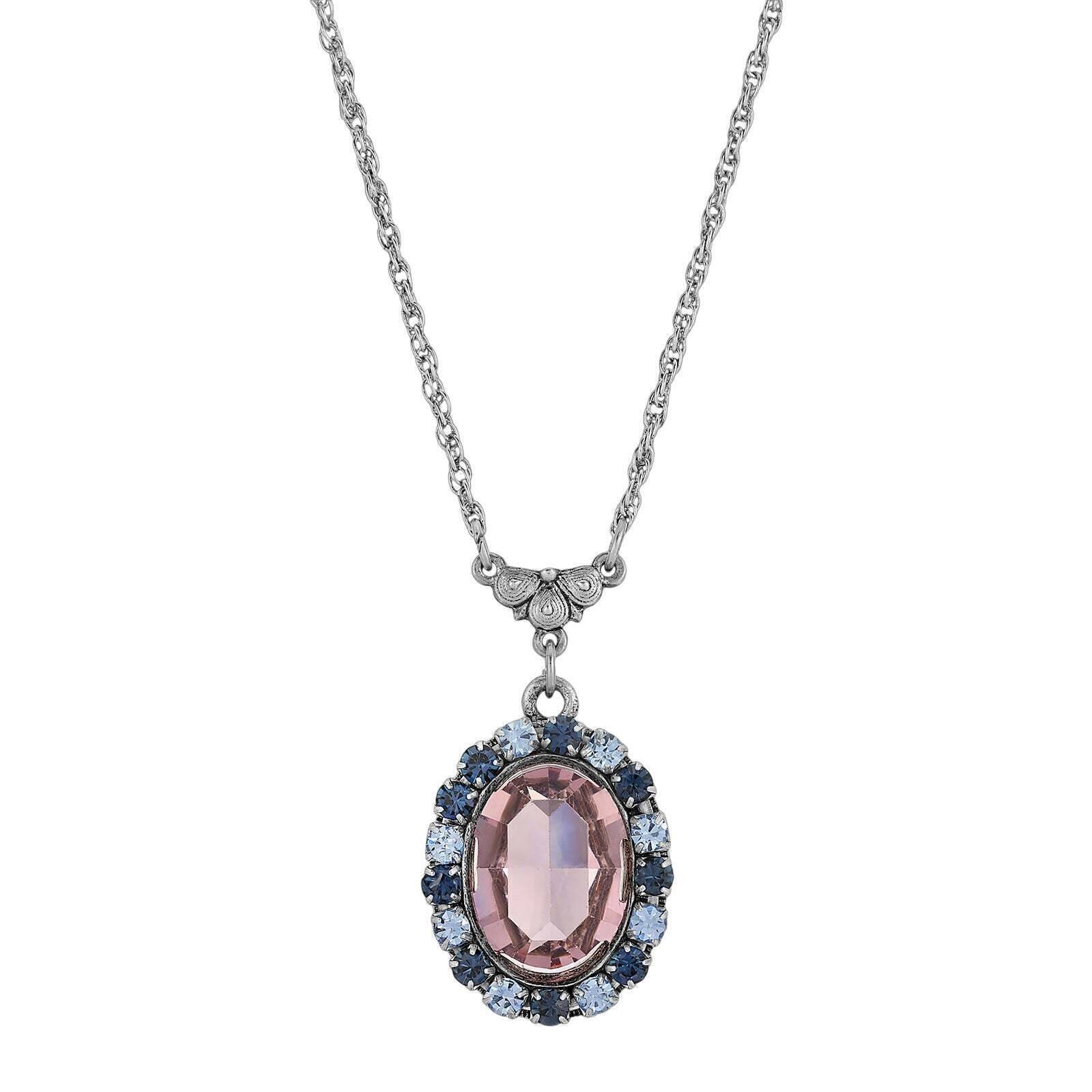 1928 Jewelry Anastasia Blue Rimmed Pink Oval Pendant Necklace with 15