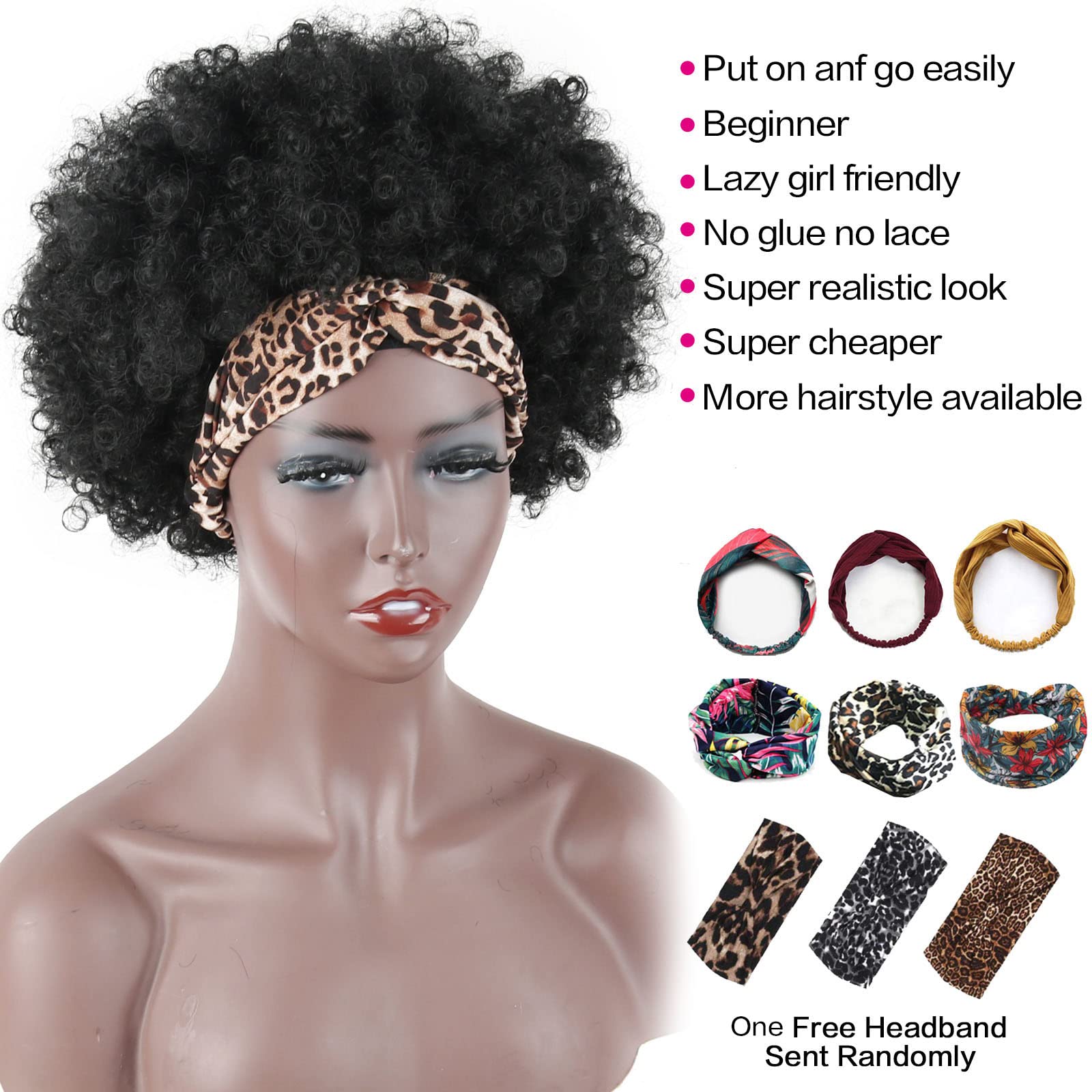 LEOSA Short Afro Kinky Curly Synthetic Wigs for Black Women - Pre-attached Headband, Natural Looking Replacement Hair - Perfect for Daily Wear, Cosplay & Protective Styling
