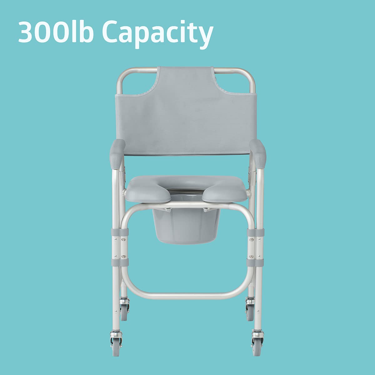 Medline Aluminum Padded Shower Chair Commode with 4 Locking Casters - 300 lbs Weight Capacity - Bathroom Safety & Mobility Aid for Elderly, Disabled & Post-Surgery Recovery - Ideal for Shower, Toilet Transfer & Home Care Use