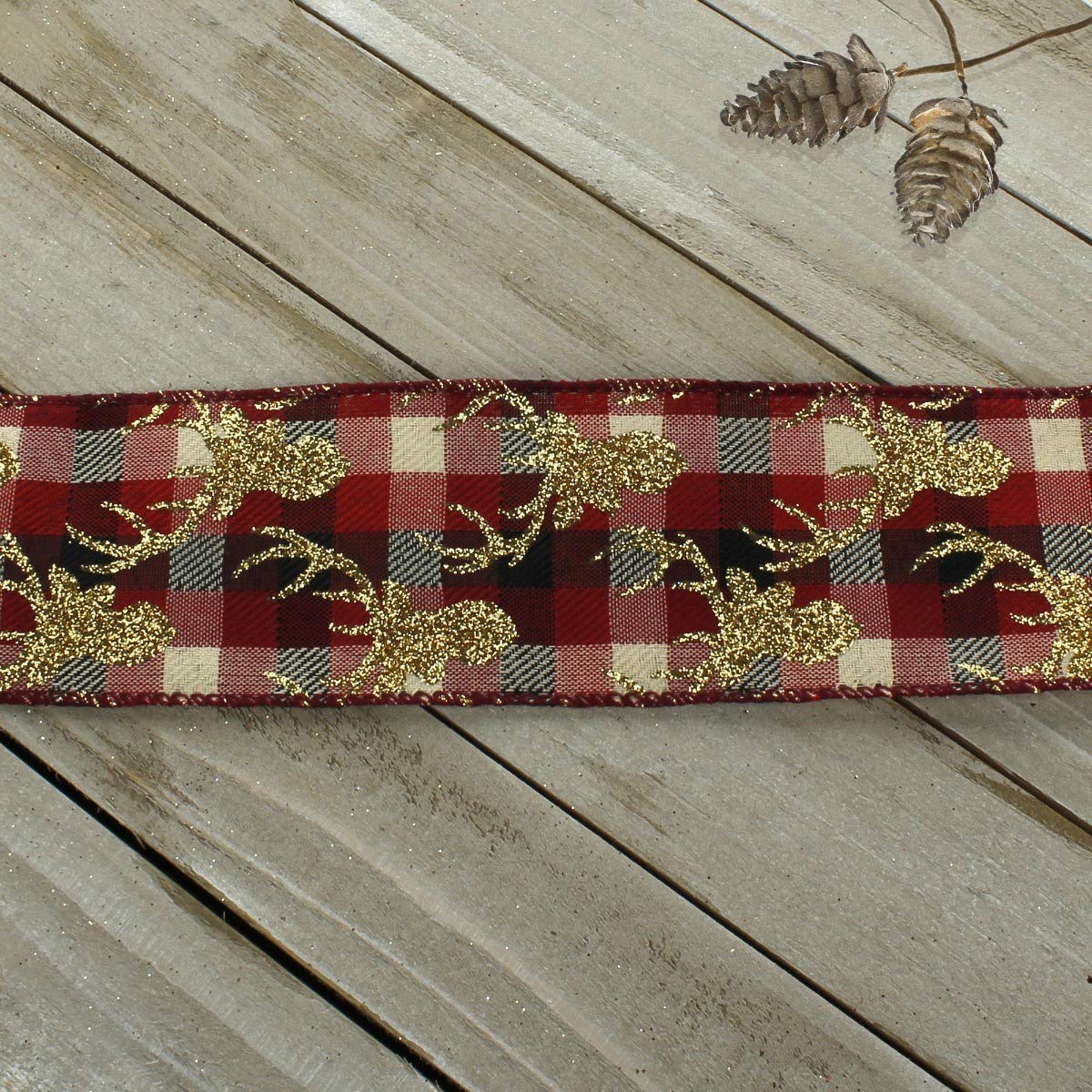 Gold Glitter Deer Red & Black Buffalo Plaid Wired Ribbon - 2.5