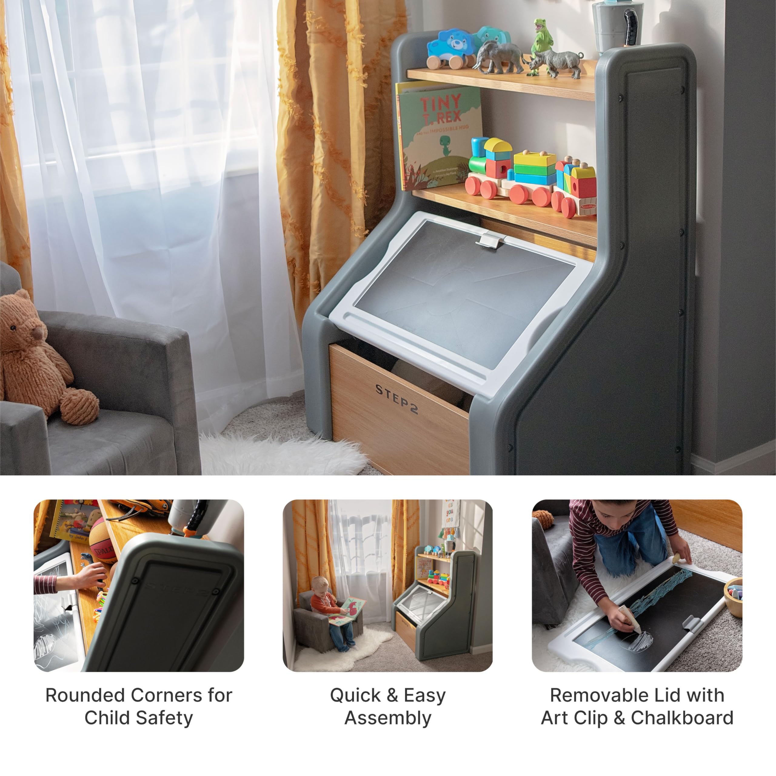 Step2 Harmony Kids Toy Storage Box with Chalkboard Lid & Easel - Durable Plastic Toy Organizer for Toddlers 2+ Years (Sage Gray) - Perfect for Playrooms, Daycares & Home Organization