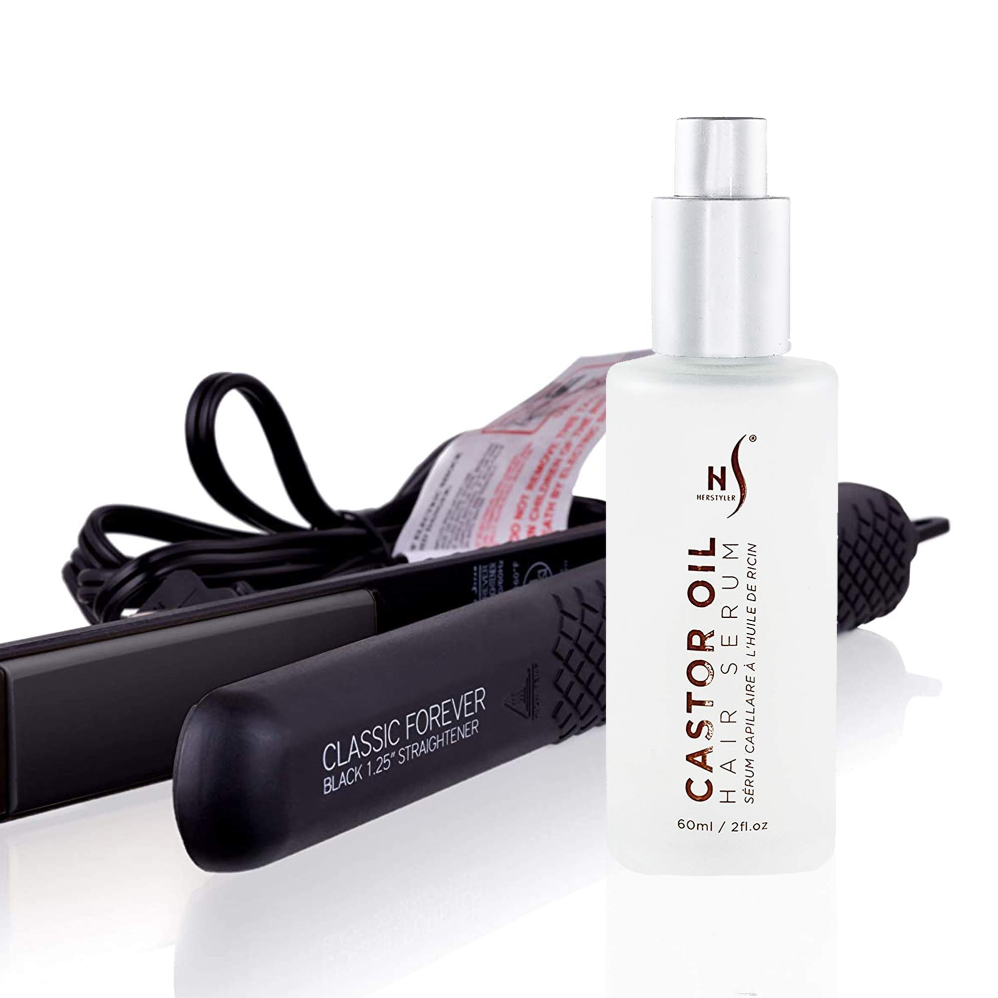 HerStyler Castor Oil Hair Serum & Straightening Flat Iron Kit for Smooth, Shiny Hair - Perfect for Daily Styling, Salon Results at Home
