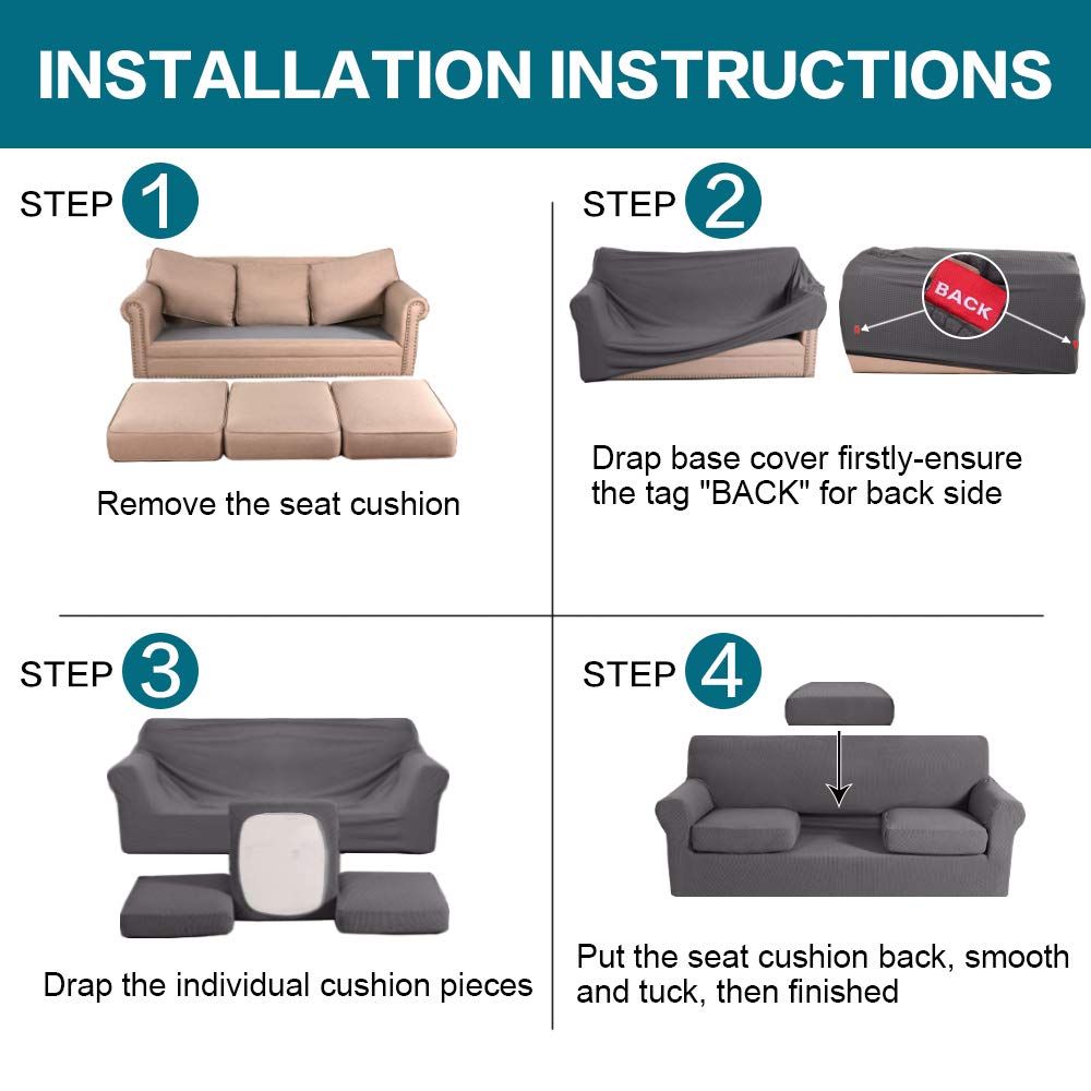Turquoise 4-Piece Sofa Cover Set for 3-Cushion Couch - Washable Jacquard Fabric Slipcover with Individual Cushion Covers (Gray) - Pet-Friendly Sofa Protector for Dogs, Living Room Furniture Protection