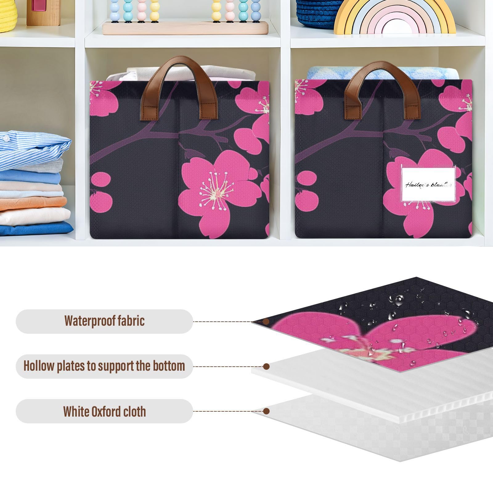 Cherry Blossom Pattern Foldable Storage Baskets with Handles - 2 Pack Decorative Organizer Bins for Closet, Shelves, Books & Home Organization | Perfect for Bedroom, Bathroom, and Office Storage Solutions