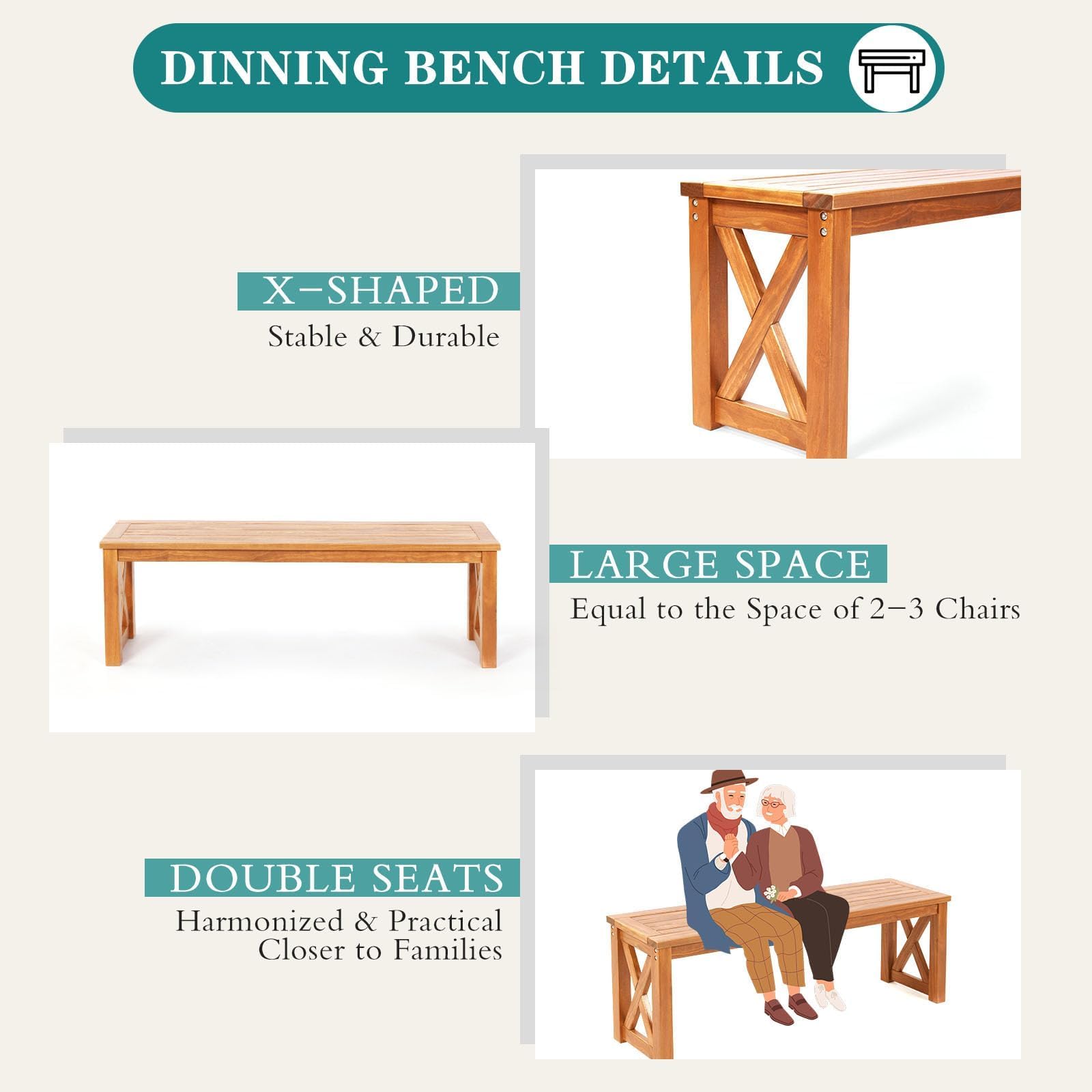 YOLENY 6-Piece Teak Solid Wood Patio Dining Set - Indoor & Outdoor Wooden Furniture for Backyard, Lawn, Garden - Perfect for Outdoor Entertaining & Relaxation