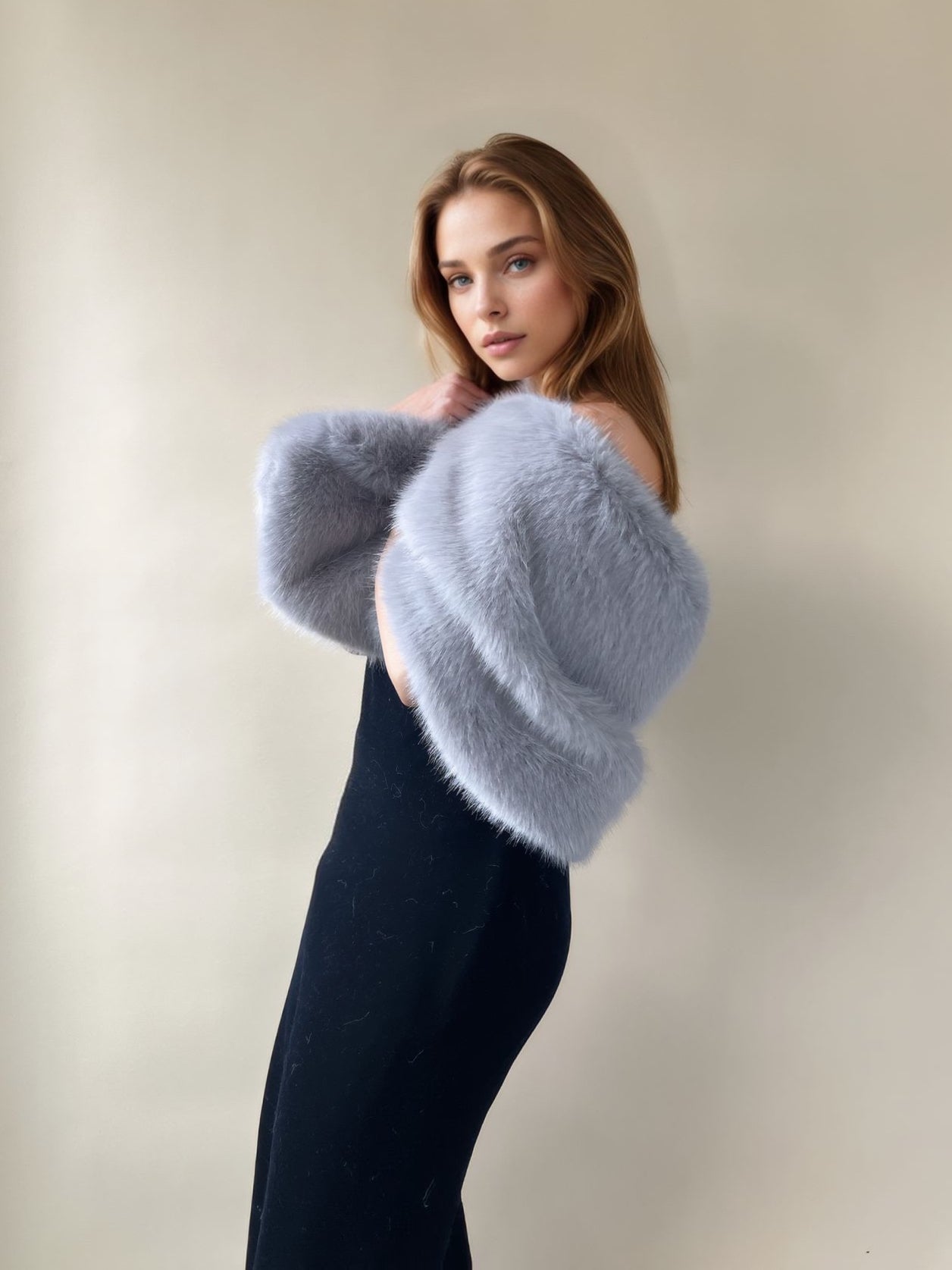 Grey Faux Fur Shawl with Hooks & Eyes - Butterfly Gry07 - Elegant Winter Wrap for Women, Perfect for Parties, Weddings & Cold Weather Fashion