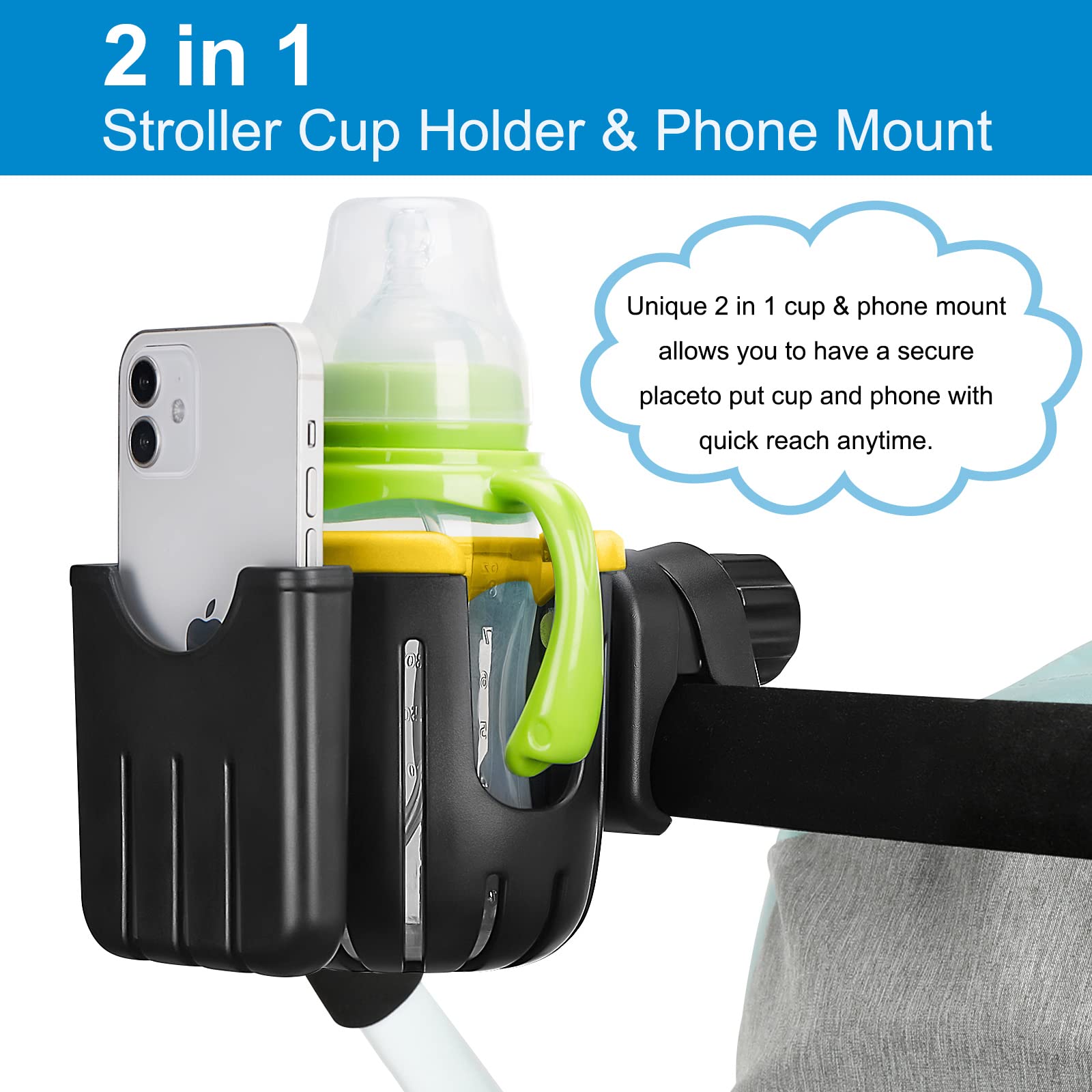 **Accmor Universal 2-in-1 Cup & Phone Holder for Strollers, Bikes, Walkers & Wheelchairs - Black & Yellow - Perfect for Parents, Cyclists & Seniors On-the-Go**