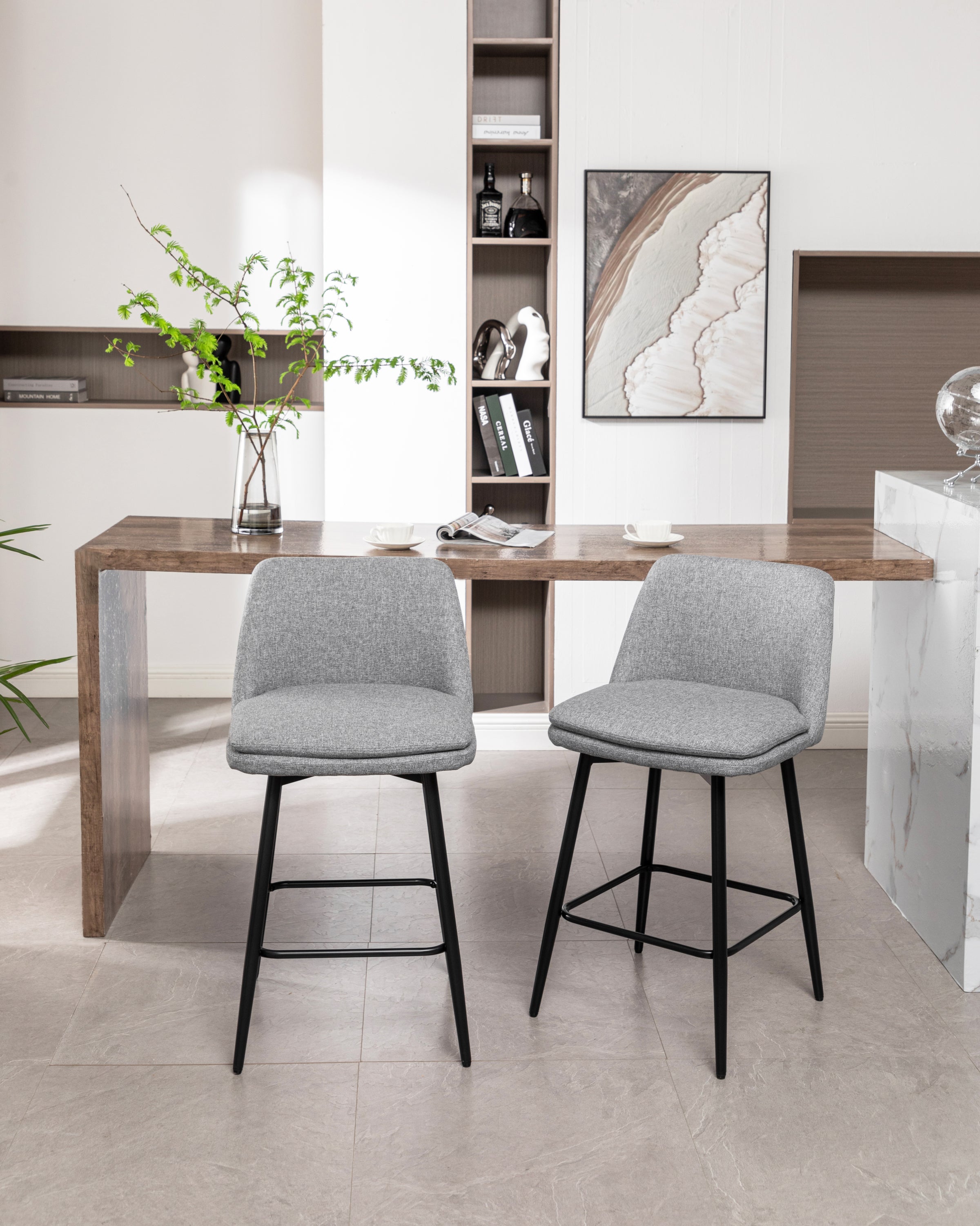 360° Swivel Counter Height Bar Stools Set of 2 - Upholstered with Back Support & Sturdy Metal Legs, 25.6