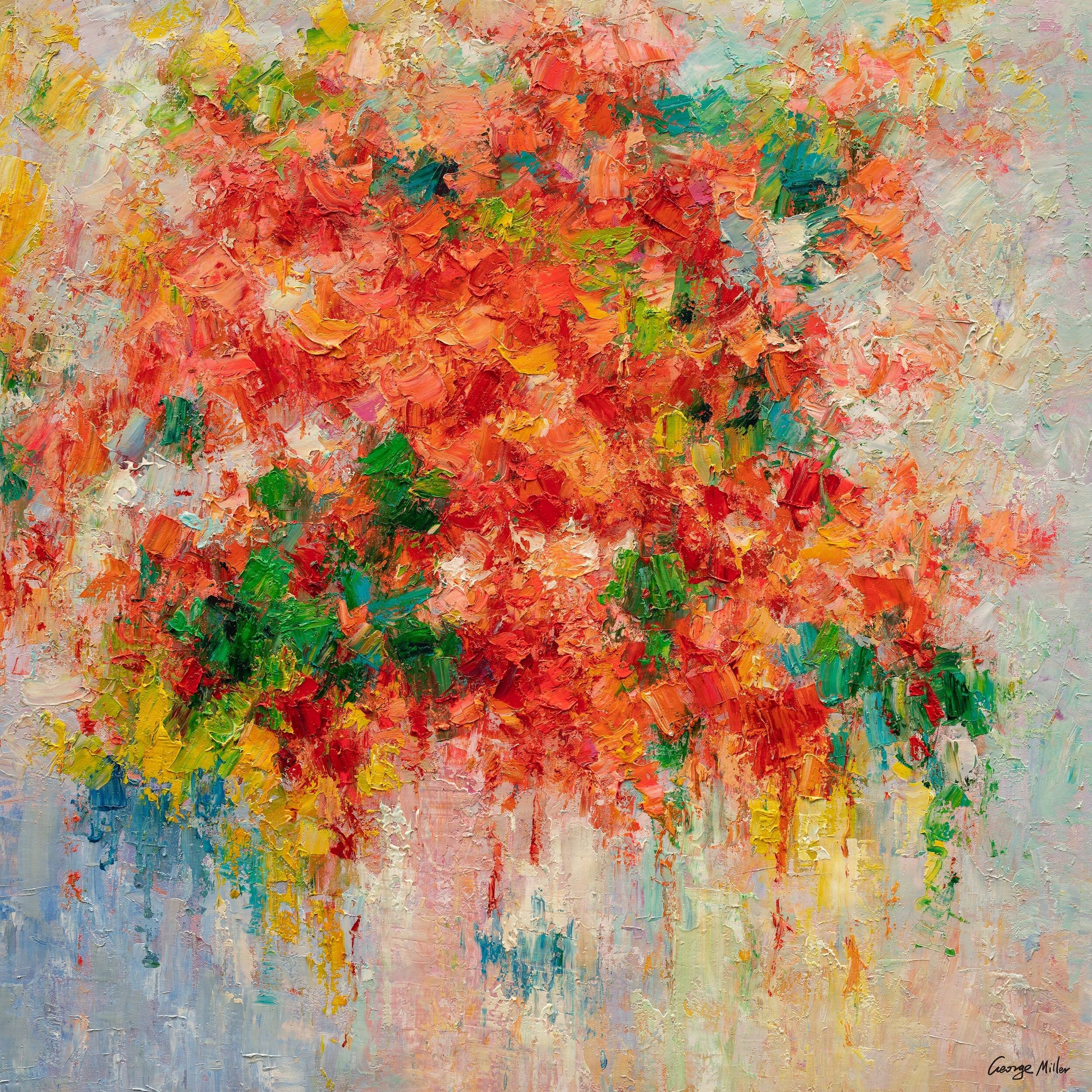 Spring Red Flowers Abstract Oil Painting - 36x36 Inch Large Wall Art Canvas, Floral Painting Ready to Hang | Perfect for Living Room, Bedroom & Office Decor