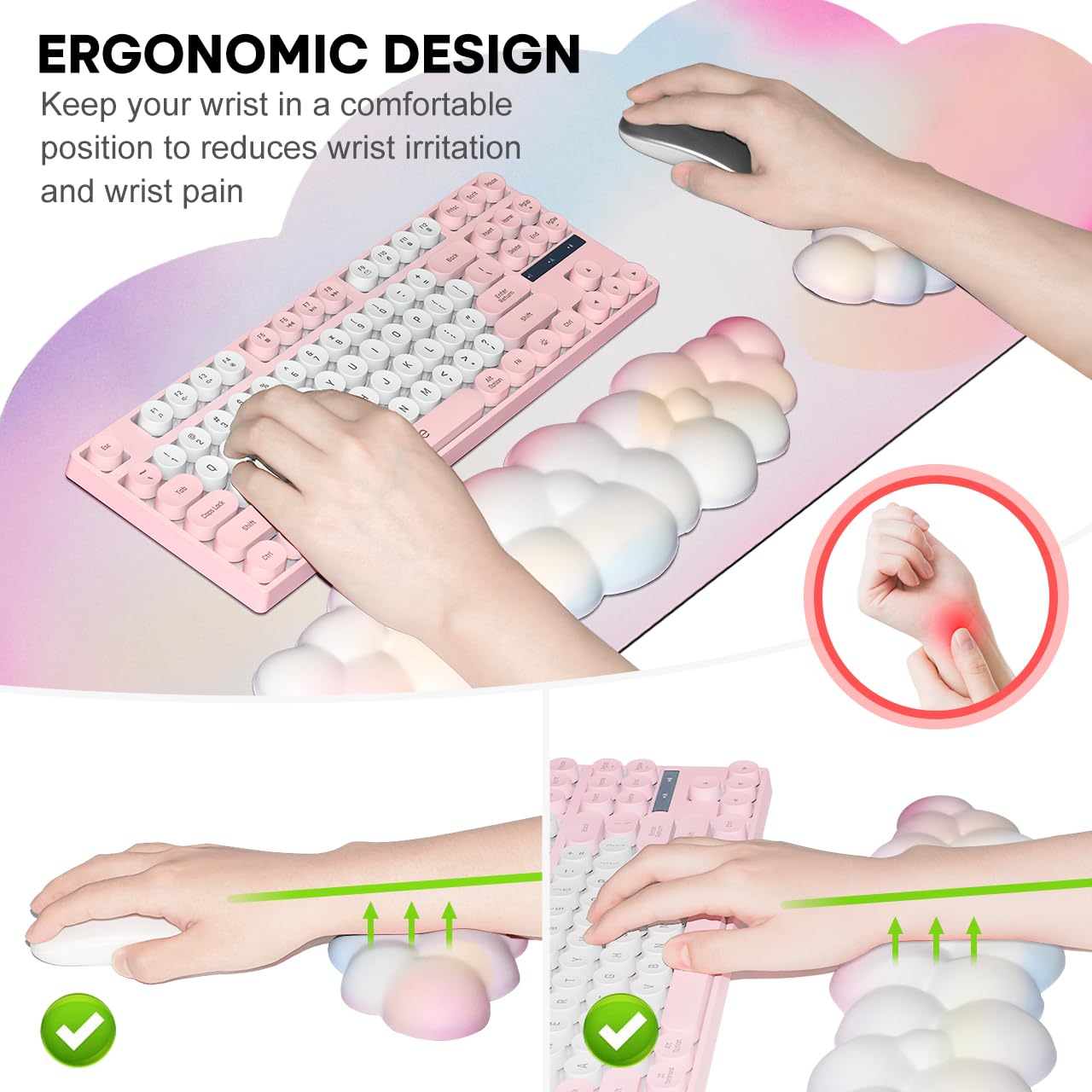 JIKIOU Large Cloud Mouse Pad Set - Waterproof Ergonomic Desk Wrist Support for Keyboard & Mouse (35.4x15.7in) with Rainbow Design | Perfect for Office, Gaming & Home Computer Workstations