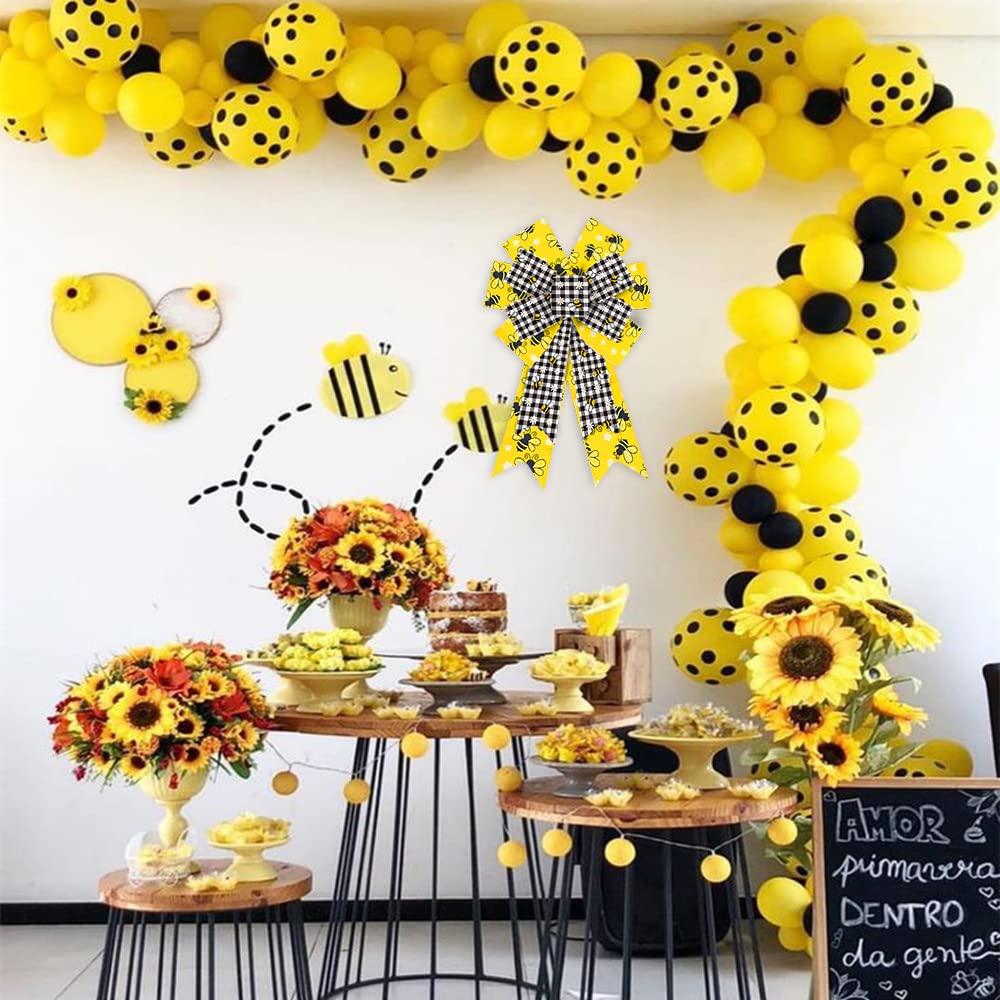 ABTOLS 2PCS Bumble Bee Wreath Bows - Black White Buffalo Plaid for Spring/Summer Door Decor