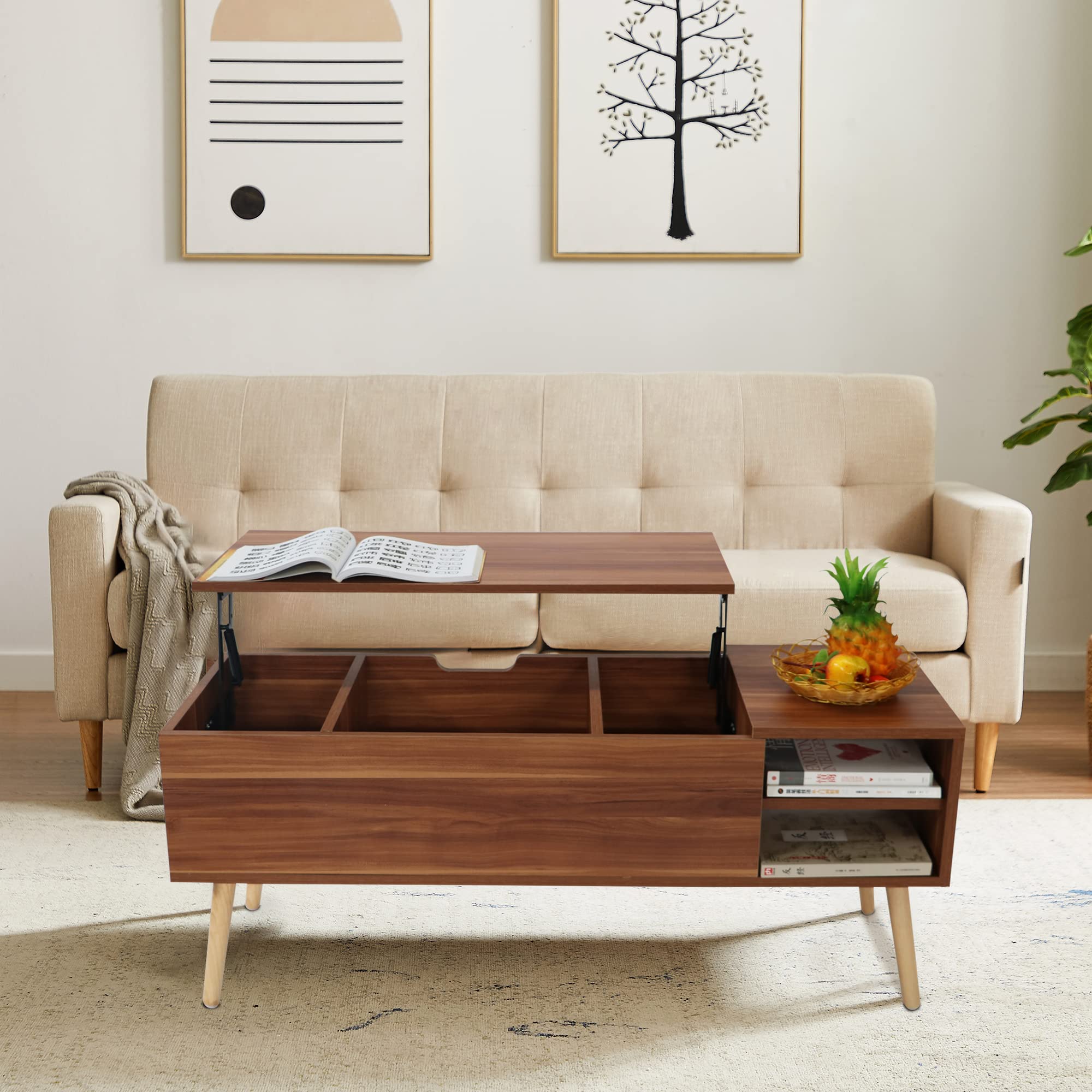 Lift Top Coffee Table with Hidden Storage Compartment - Adjustable Shelf, Large Storage Space - Lift Tabletop Dining Table for Living Room, Office, Home - Brown - Perfect for Small Spaces, Entertaining & Organization