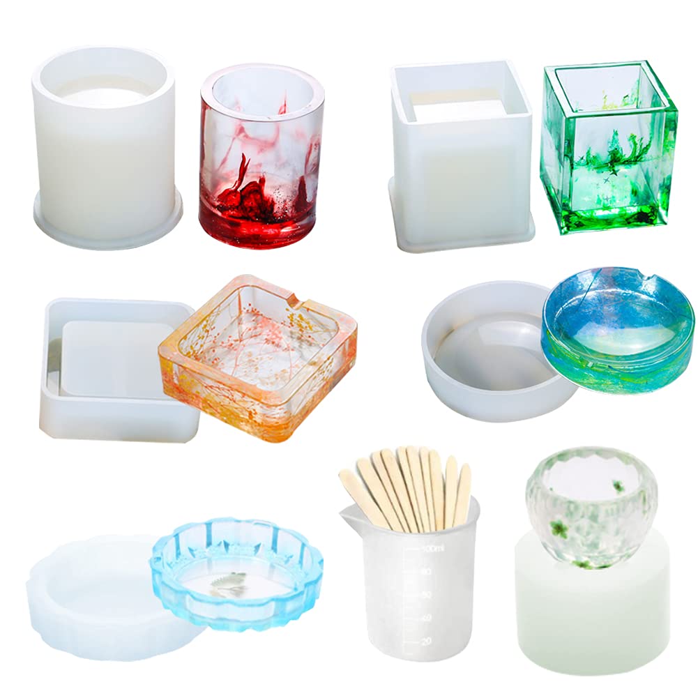 7 PCS Resin Molds for Concrete, Plaster & Clay - Beaker, Ashtray, Pen Holder Crafting Molds with Stir Bar - DIY Home Decor & Gift Making Supplies