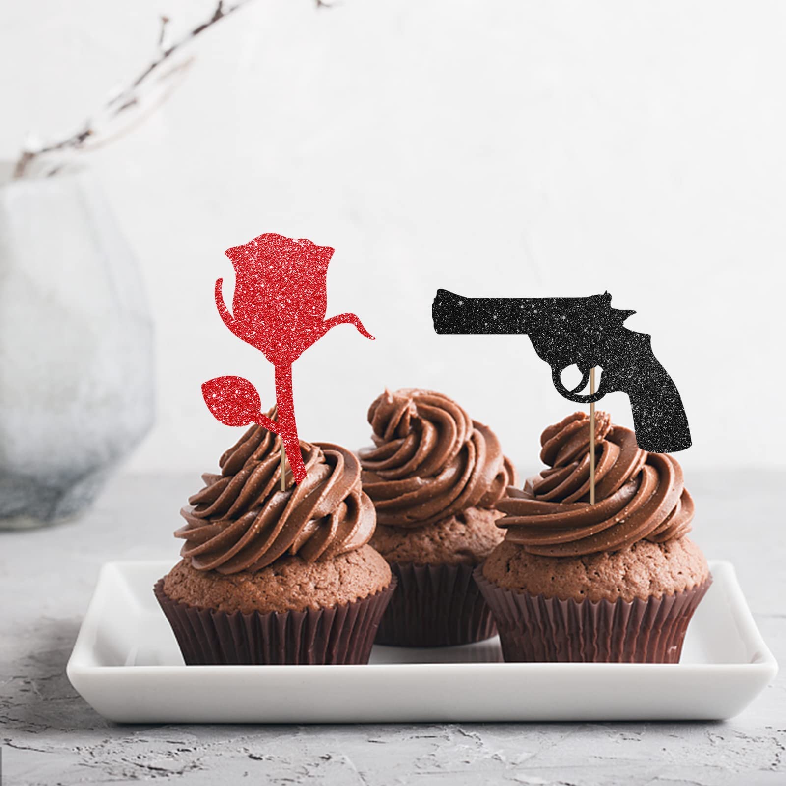 24PCS Guns or Roses Cupcake Toppers - Black & Red Glitter for Baby Showers & Gender Reveal Parties