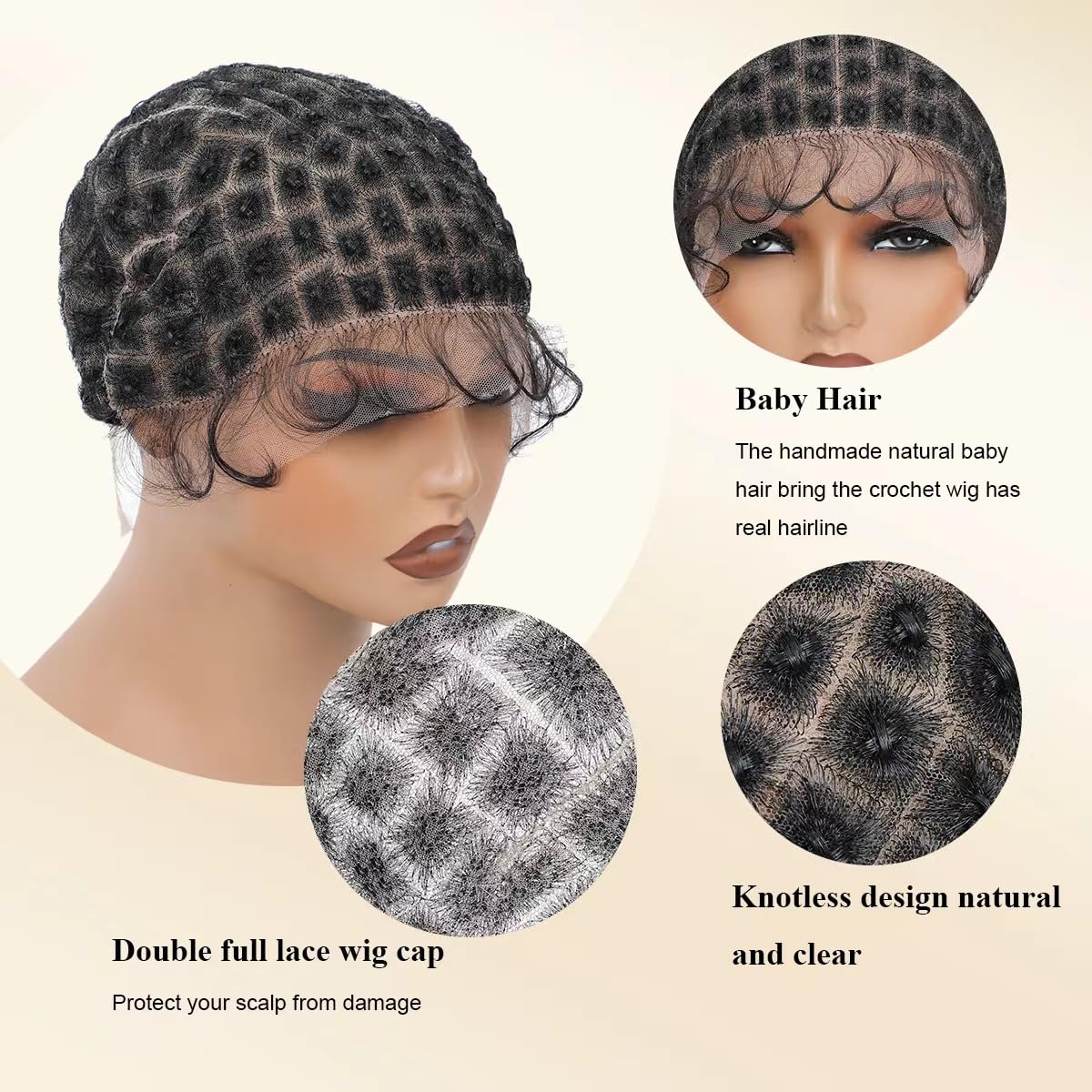 Double Full Lace Crochet Wig Caps with Natural Knots & Baby Hair - Breathable Lace Braided Cap for Crochet Braids - Glueless Hair Net with Bangs (125 Knots) - Perfect for Wig Making, Protective Styling & Everyday Wear