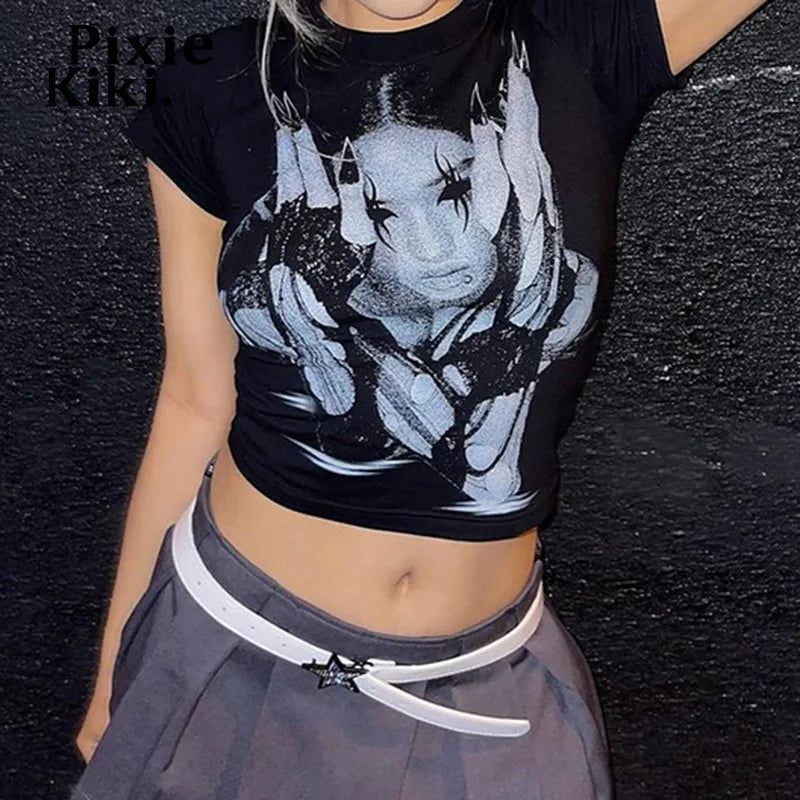 Y2K Black Graphic Tees for Women - 2000s Streetwear Emo Style Cropped Short Sleeve Tops | Summer 2024 Fashion | Perfect for Concerts, Street Style & Casual Outfits