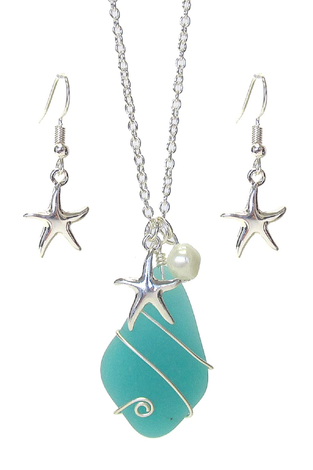 Handmade Sea Glass Starfish Wire Wrapped Necklace and Earring Set - Boho Beach Jewelry for Women - Perfect for Summer Vacations & Beach Weddings