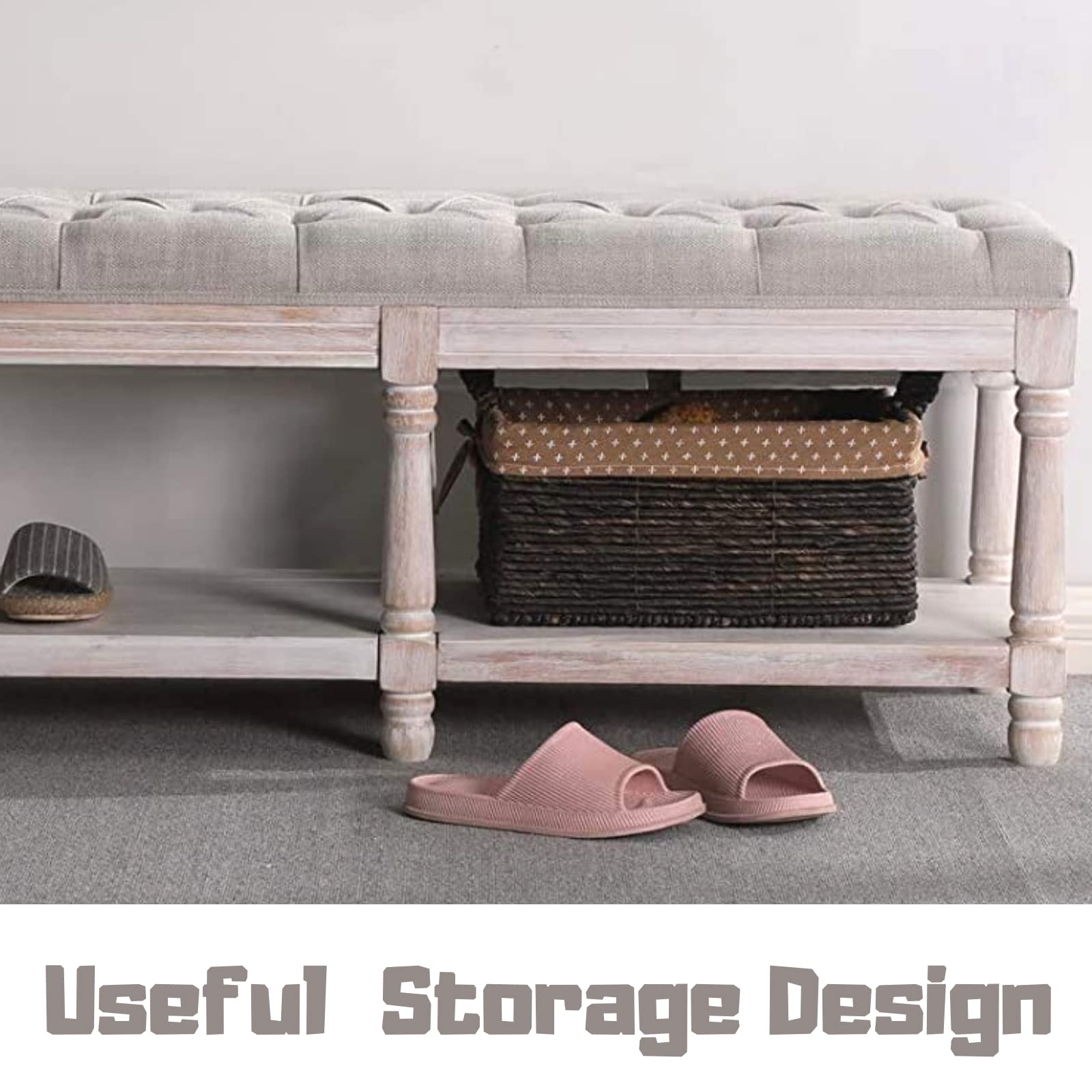 Ottoman Storage Bench - Upholstered Tufted Padded Seat for Bedroom, Entryway & Farmhouse Decor - Wooden Window Bench in Beige White - Perfect for Bed End, Hallway & Living Room Storage