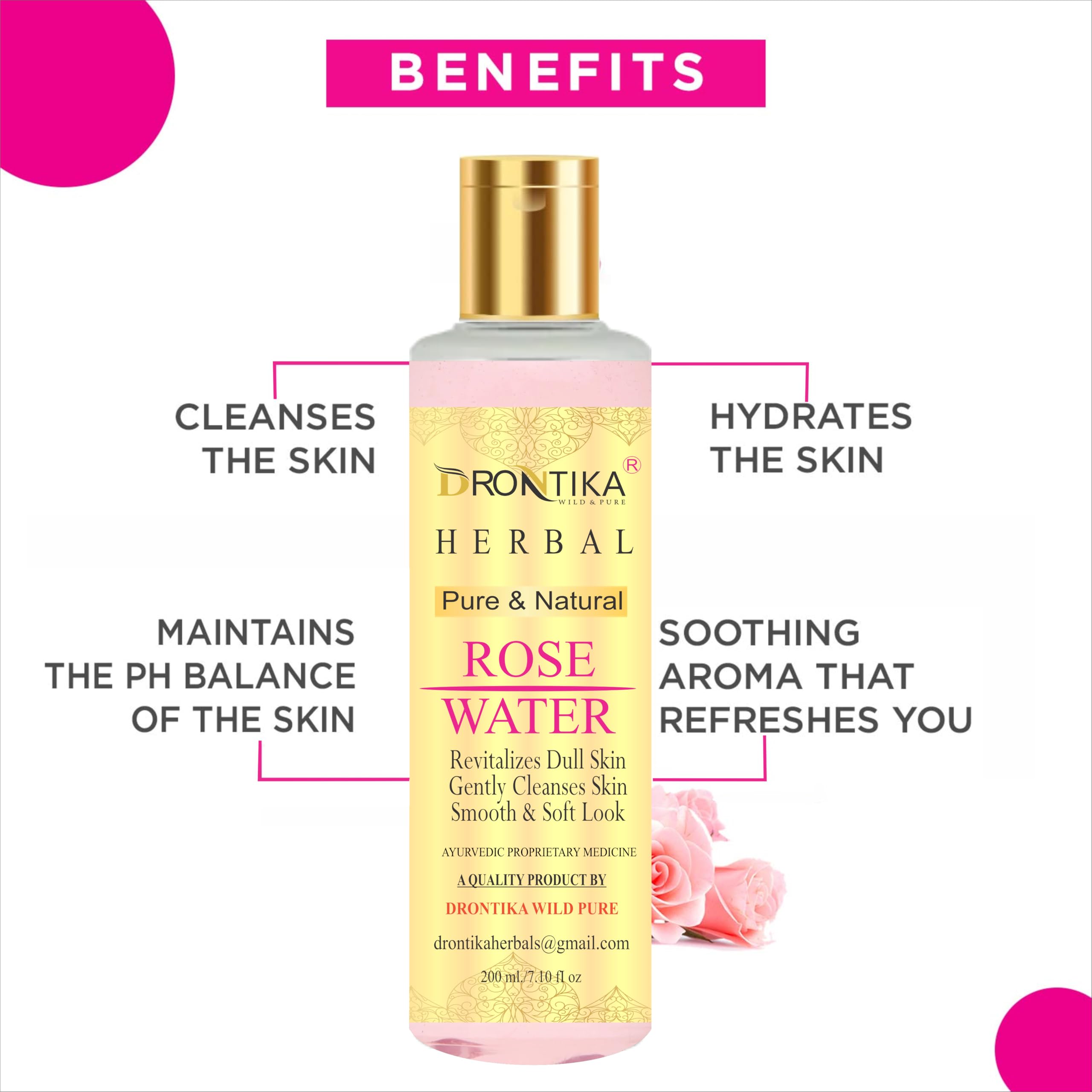 Drontika Herbal Rose Water (Gulab Jal) - Natural Skin Toner with Rose Oil, Paraben-Free, 200ml | Hydrating Facial Mist for Dry Skin, Makeup Setting Spray & Refreshing Skin Care Routine