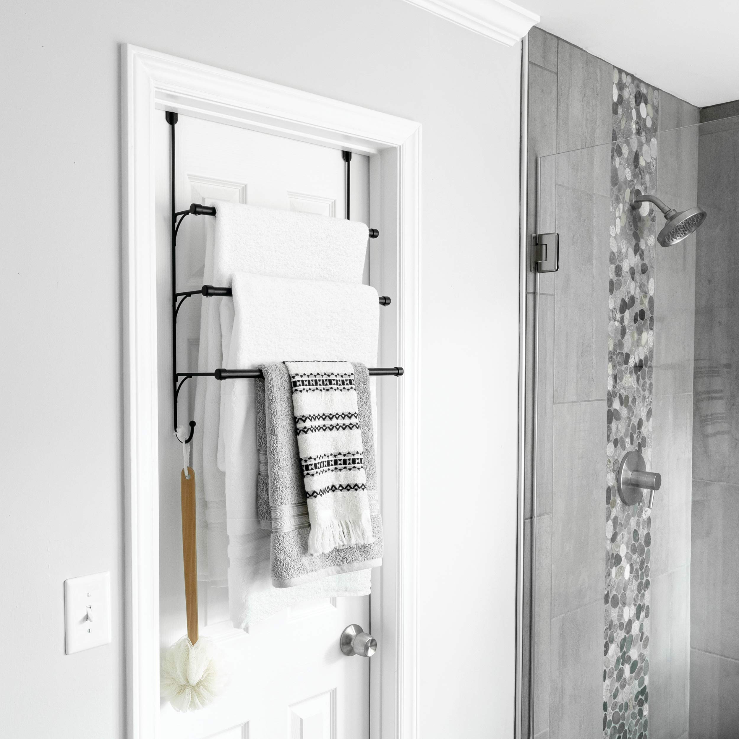 Franklin Brass Triple Over the Door Towel Rack - 3-Tier Matte Black Bathroom Organizer with Hooks for Hand Towels, Robes & Accessories (1-Pack, Model 193153-MB) - Perfect for Small Bathrooms, Apartments & Dorm Storage Solutions