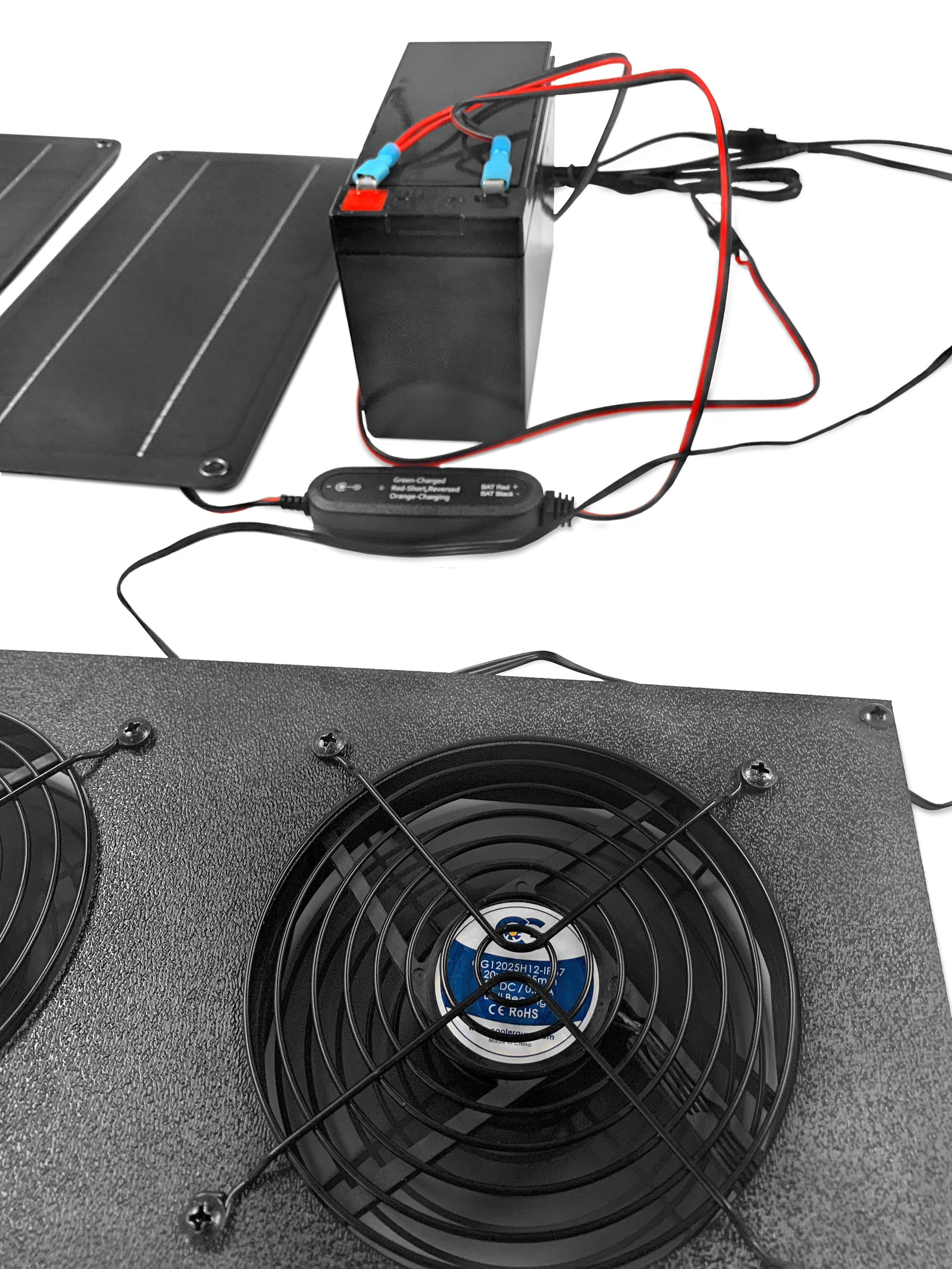 Solar Powered Dual 120mm (CG12025H12 IP67) Waterproof Fan Kit with Overcharge Protector - Outdoor Cooling Solution for RV, Greenhouse & Off-Grid Living
