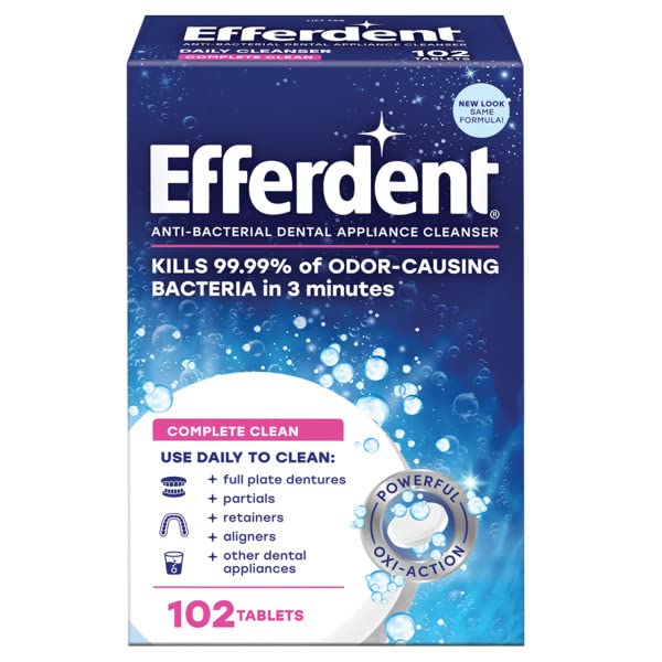 Efferdent Retainer & Denture Cleaning Tablets - 102 Count (Pack of 4) | Complete Clean for Dental Appliances | Perfect for Retainers, Night Guards, Mouth Guards & Dentures | Fresh Breath & Stain Removal