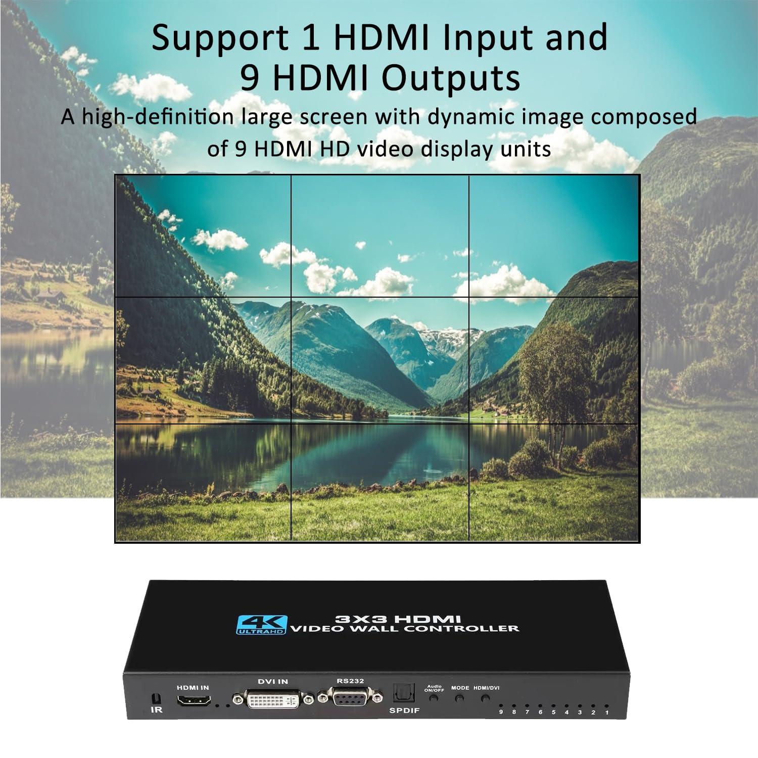 4K x 2K HDMI Video Wall Controller 3x3 | Multi-Screen Splicing Processor for TV Walls | 1-Way HDMI/DVI Input & 9 HDMI Outputs | Supports 3x2, 2x3, 2x2, 4x2, 2x4 Image Stitching | Perfect for Digital Signage, Control Rooms & Video Conferencing