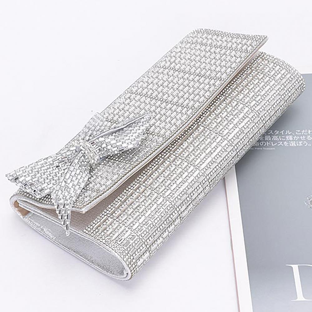 Sparkling Silver Rhinestone Party Clutch with Elegant Bow - Perfect for Evening Events, Weddings & Prom Nights