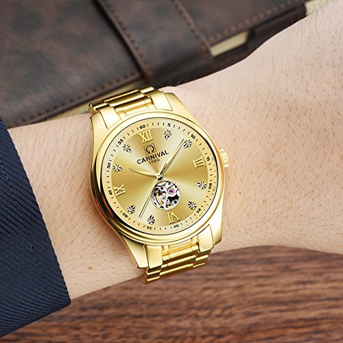 MASTOP Men's Automatic Skeleton Watch with Crystal Dial - Stainless Steel Two-Tone Mechanical Watch for Business, Casual & Formal Wear | Water Resistant & Durable