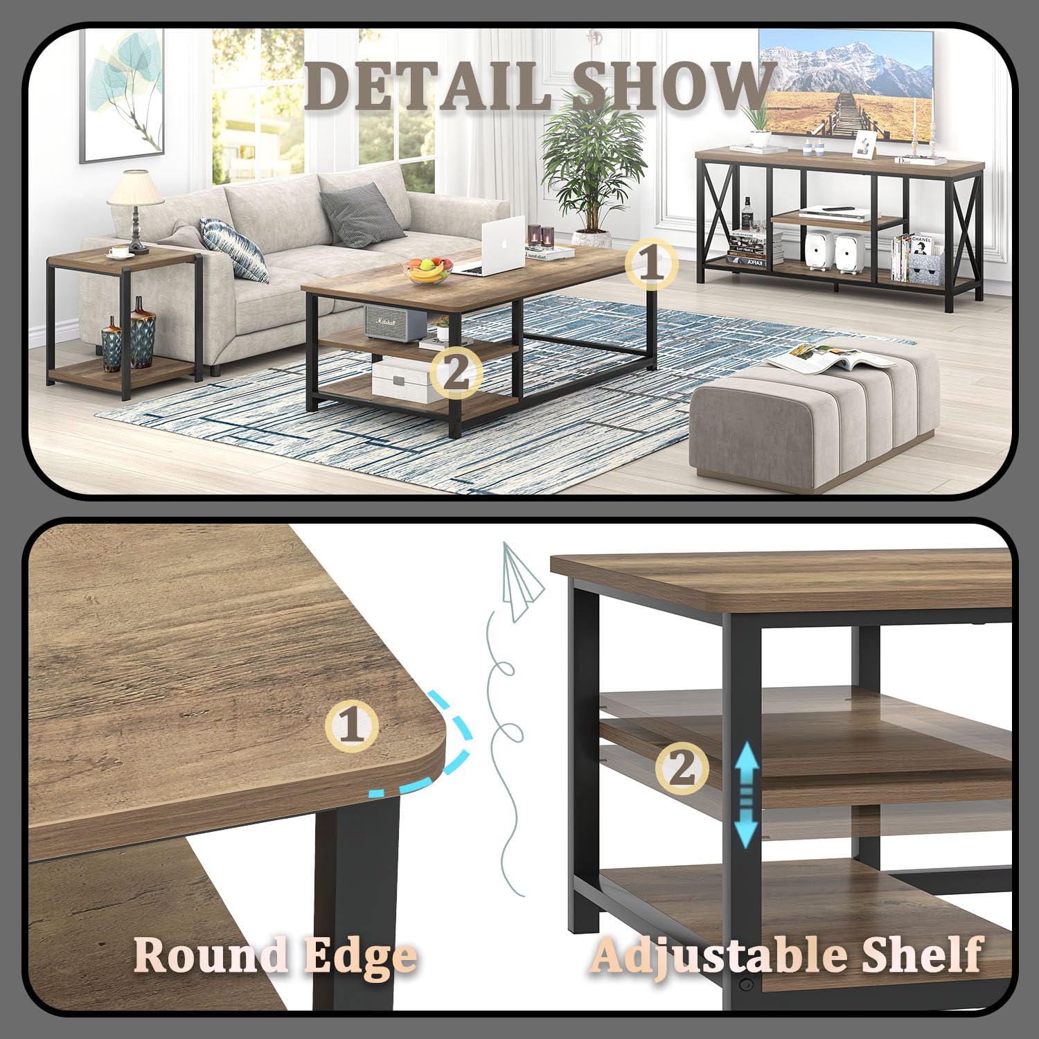 EXCEFUR 47 Inch Coffee Table with Storage Shelf - Modern Wood and Metal Center Table for Living Room, Rustic Oak Finish - Perfect for Small Spaces, Home Decor & Entertaining Guests