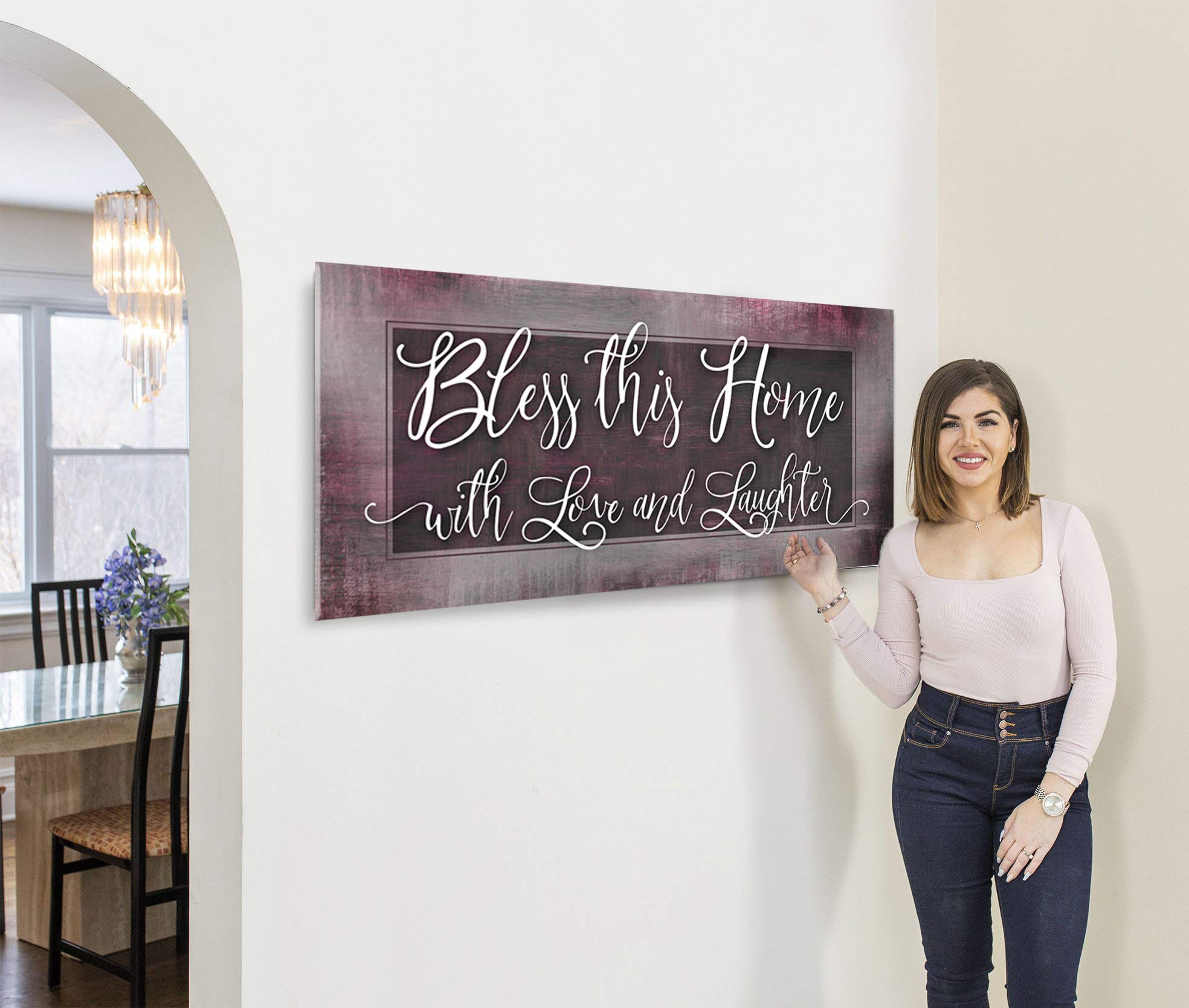Religious Wall Decor 'Bless This Home With Love' - Rustic Home Decoration for Living Room, Housewarming Gift (Red Wine, 60x27) - Perfect for Farmhouse, Christian Homes & Wedding Presents