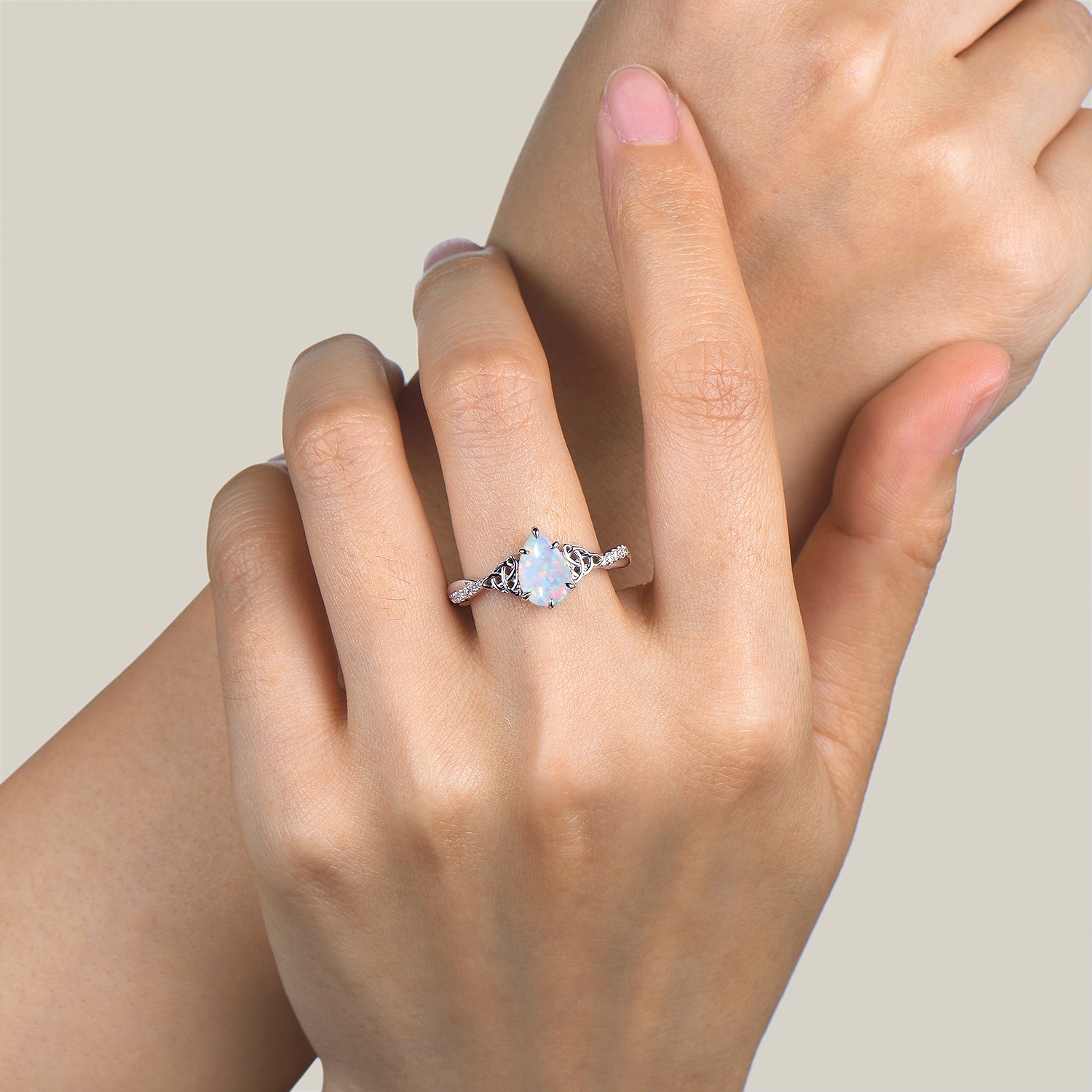 Elegant Teardrop Cut White Opal Twisted Engagement Ring with Diamond Accents – Celtic Knot Design for Wedding, Proposal & Anniversary Gifts
