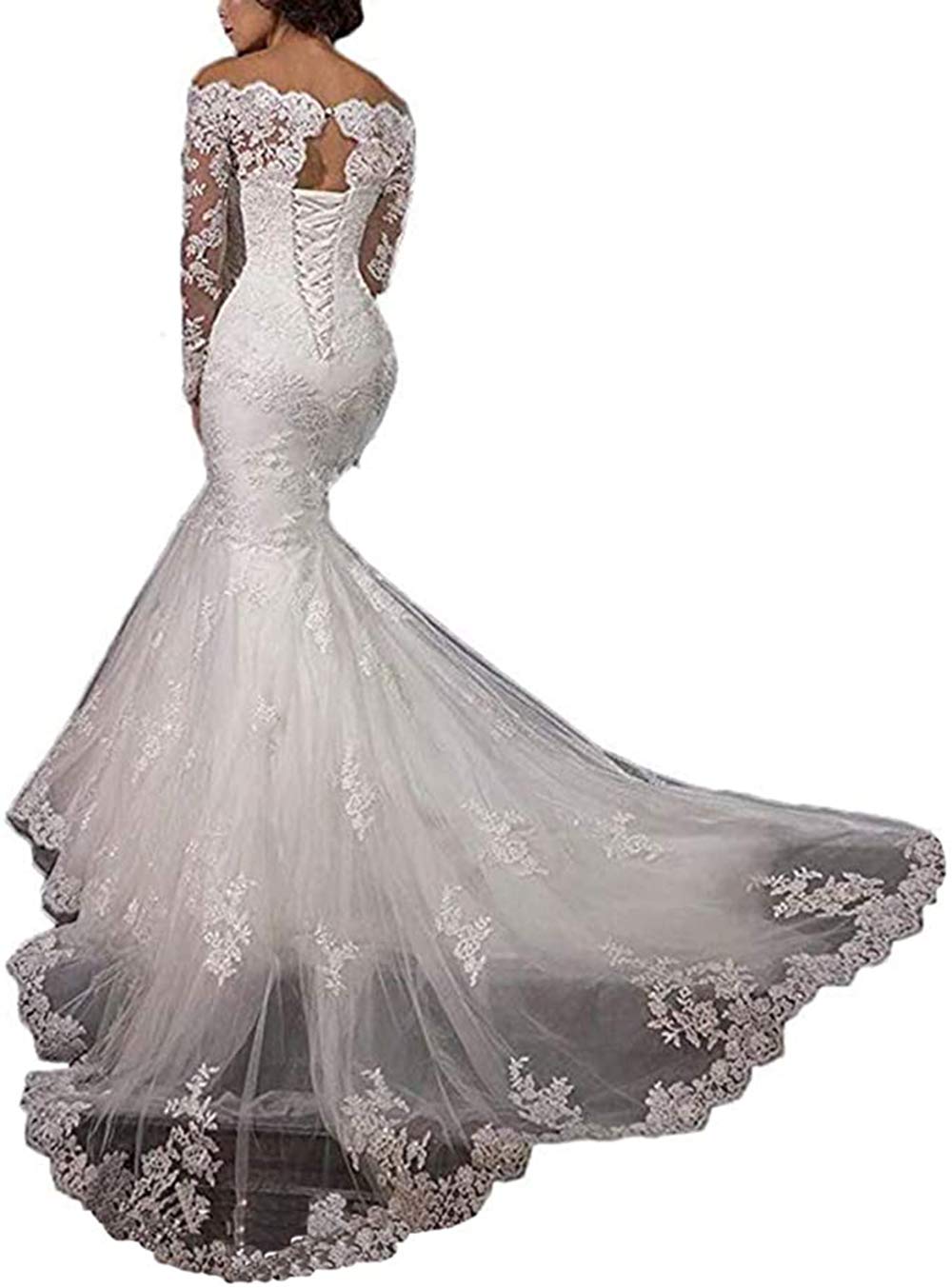 Off Shoulder Long Sleeve Lace Mermaid Wedding Dress for Bride - Elegant A-Line Bridal Gown for Women | Perfect for Beach, Church & Formal Weddings