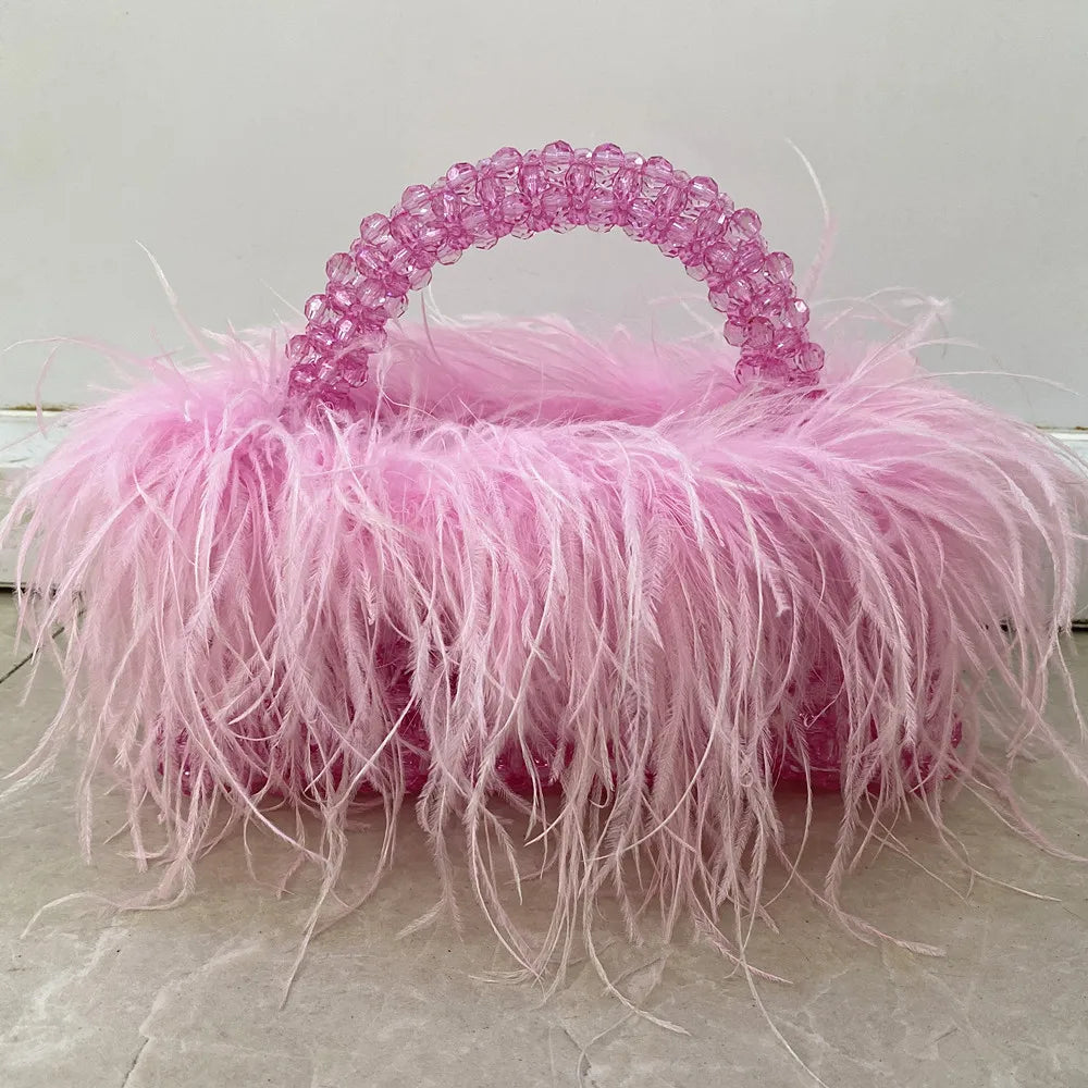 Handmade Designer Pearl Bead Bag with Feather Fur Trim - Elegant Acrylic Crystal Stone Evening Tote Clutch for Women | Perfect for Parties, Weddings & Special Occasions