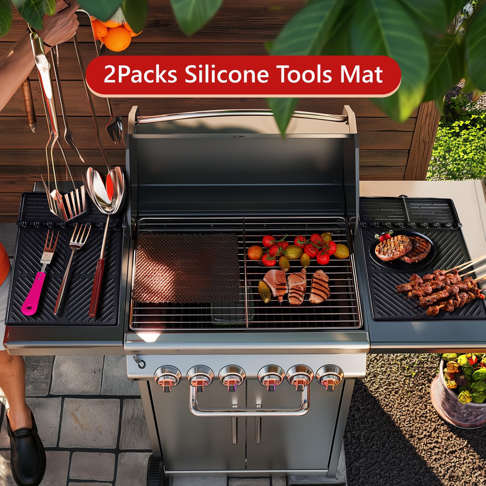 2PCS Large Silicone Griddle Tools Mat Set - Non-Slip Spatula Mat with Drip Pad, Heat-Resistant BBQ Grill Accessories (16×11.5 Inch) for Outdoor Cooking, Camping & Backyard Parties