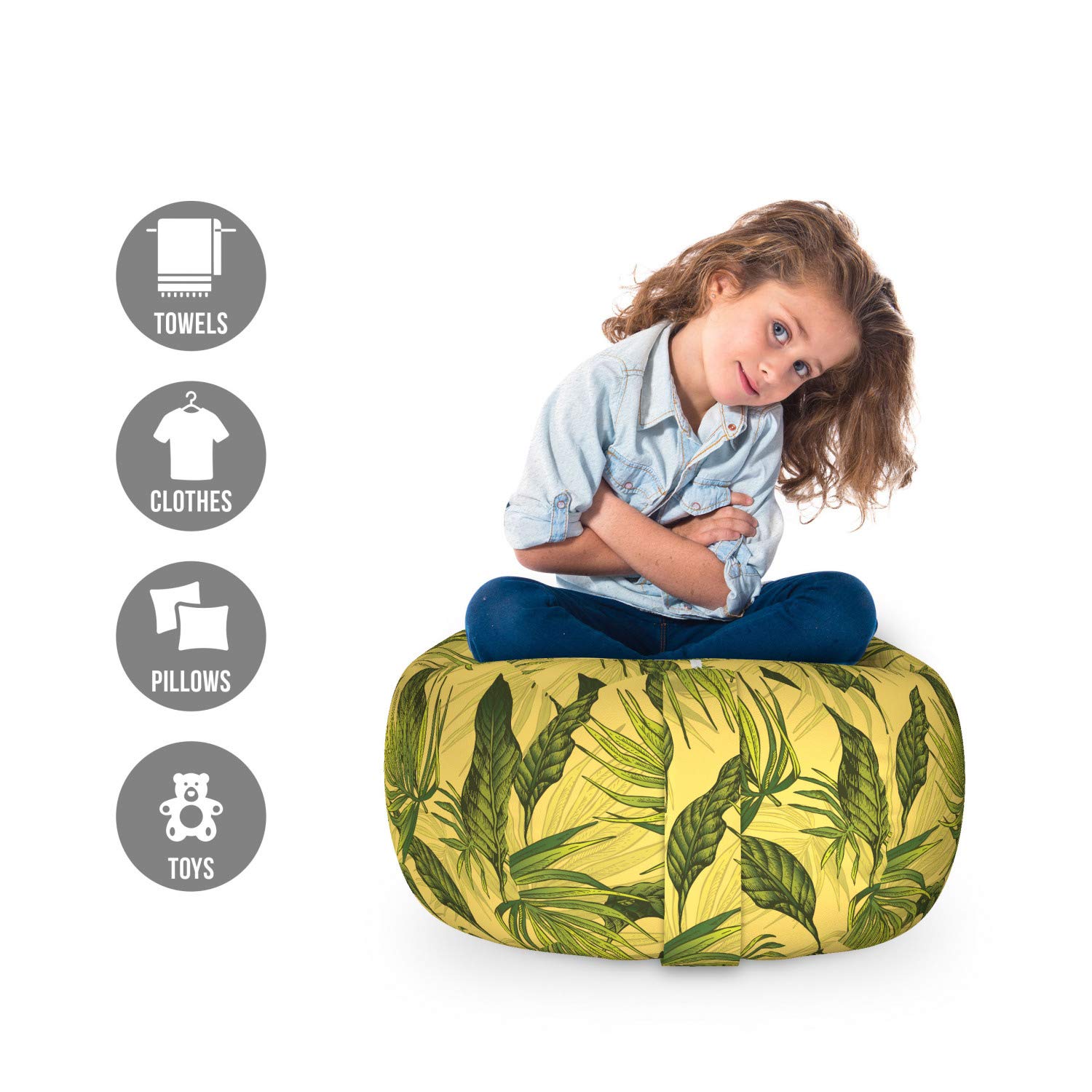 Ambesonne Tropical Storage Toy Bag Chair - Exotic Leaves & Branches Print, Washable Stuffed Animal Organizer (Small Size, Yellow Olive Green) | Kids Room Decor, Playroom Storage, Nursery Organization