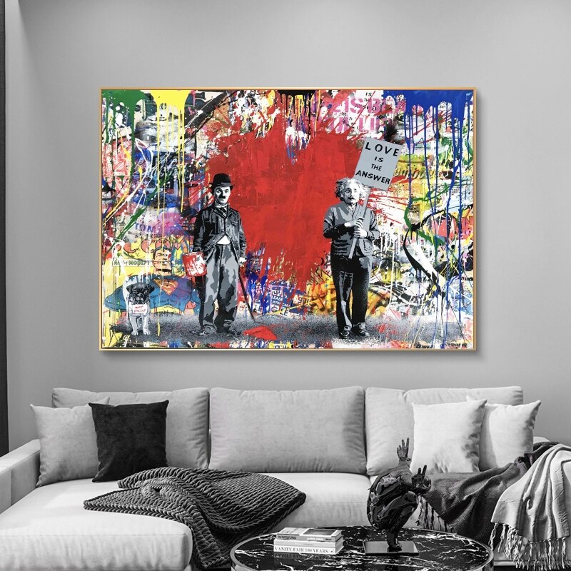 Banksy Love is the Answer Wall Art - Charlie & Einstein Modern Canvas Print - Home & Office Decor, Living Room Wall Art, Gift for Art Lovers