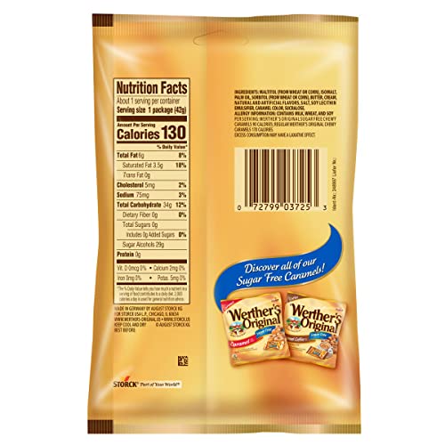 Werther's Original Sugar Free Chewy Caramel Candy - 1.46 Oz Bags (Pack of 12) | Low Calorie Sweet Treat for Diabetics, Keto Diet & Office Snacking