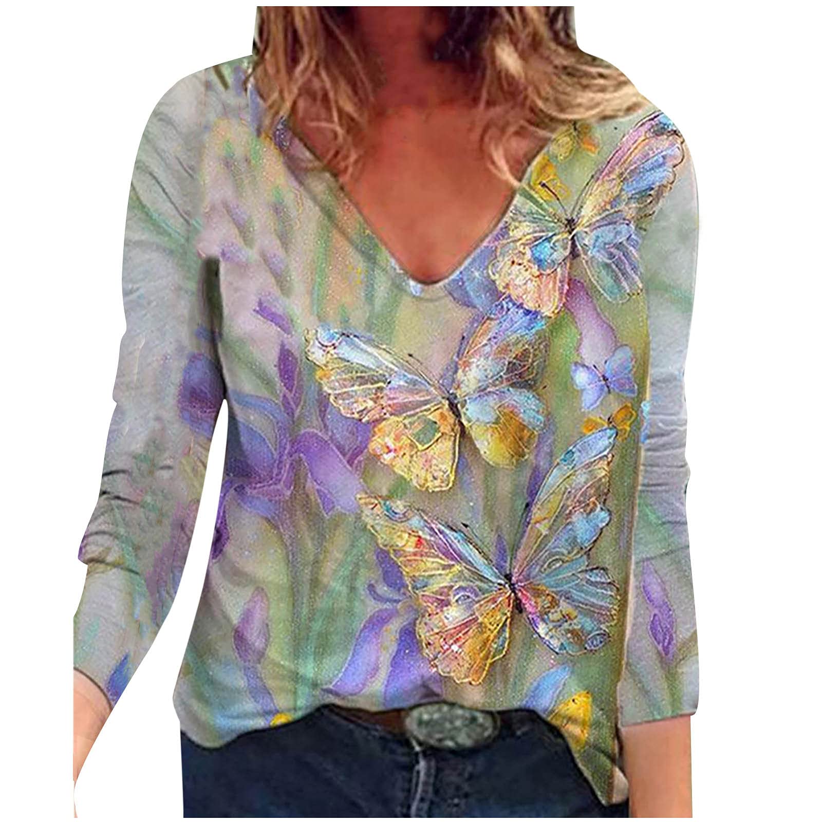 Women's Long Sleeve Floral Print T-Shirt - Casual V-Neck Loose Fit Blouse, Comfortable Basic Tee for Everyday Wear | Perfect for Work, Dating & Weekend Outfits