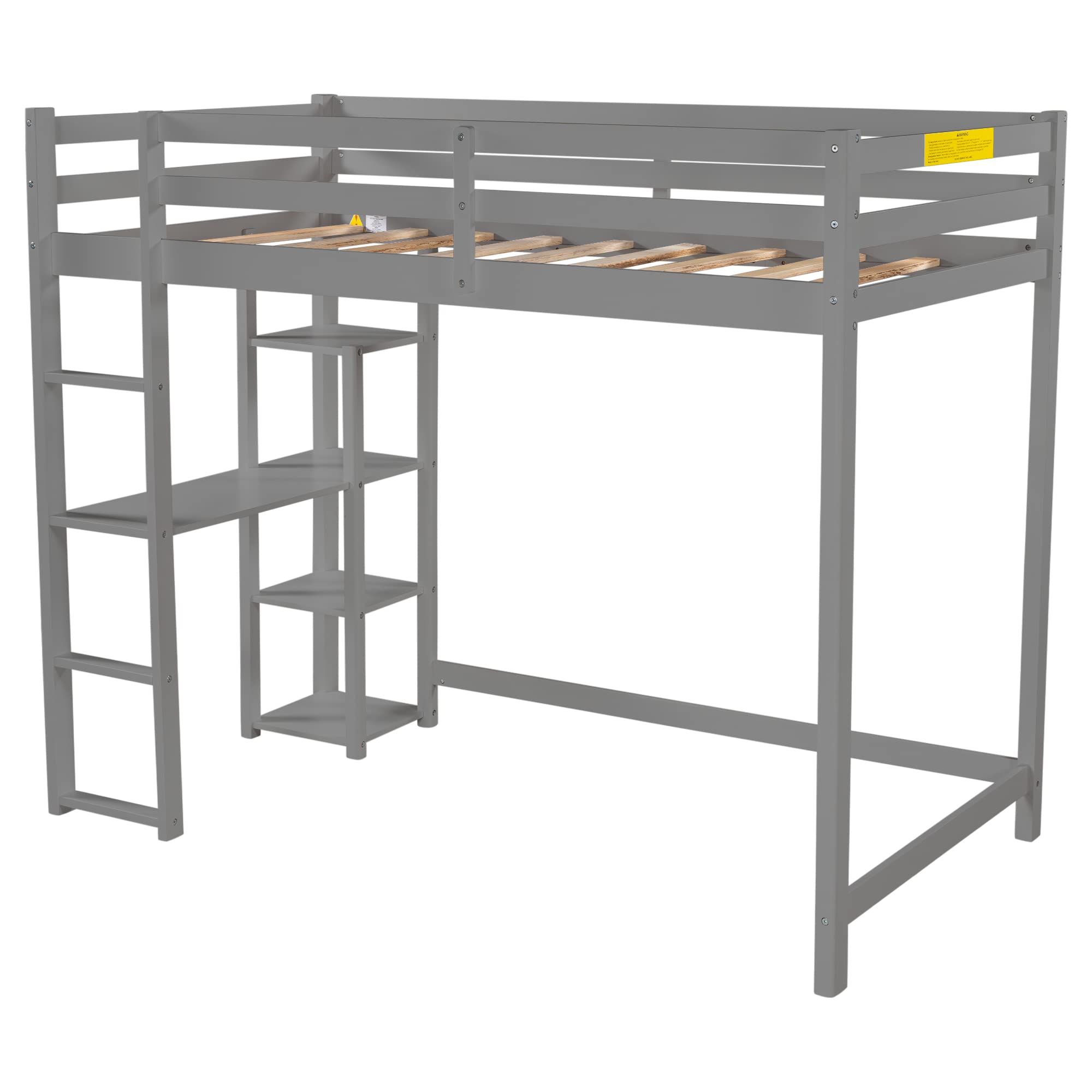 RUNNA Twin Size Loft Bed with Storage Shelves & Under-Bed Desk - Sturdy Wood Loft Bed Frame with Full-Length Guardrail & Built-in Ladder - Space-Saving Kids/Teens/Adults Bedroom Furniture (Gray) - Perfect for Small Rooms, Dorms & Apartments