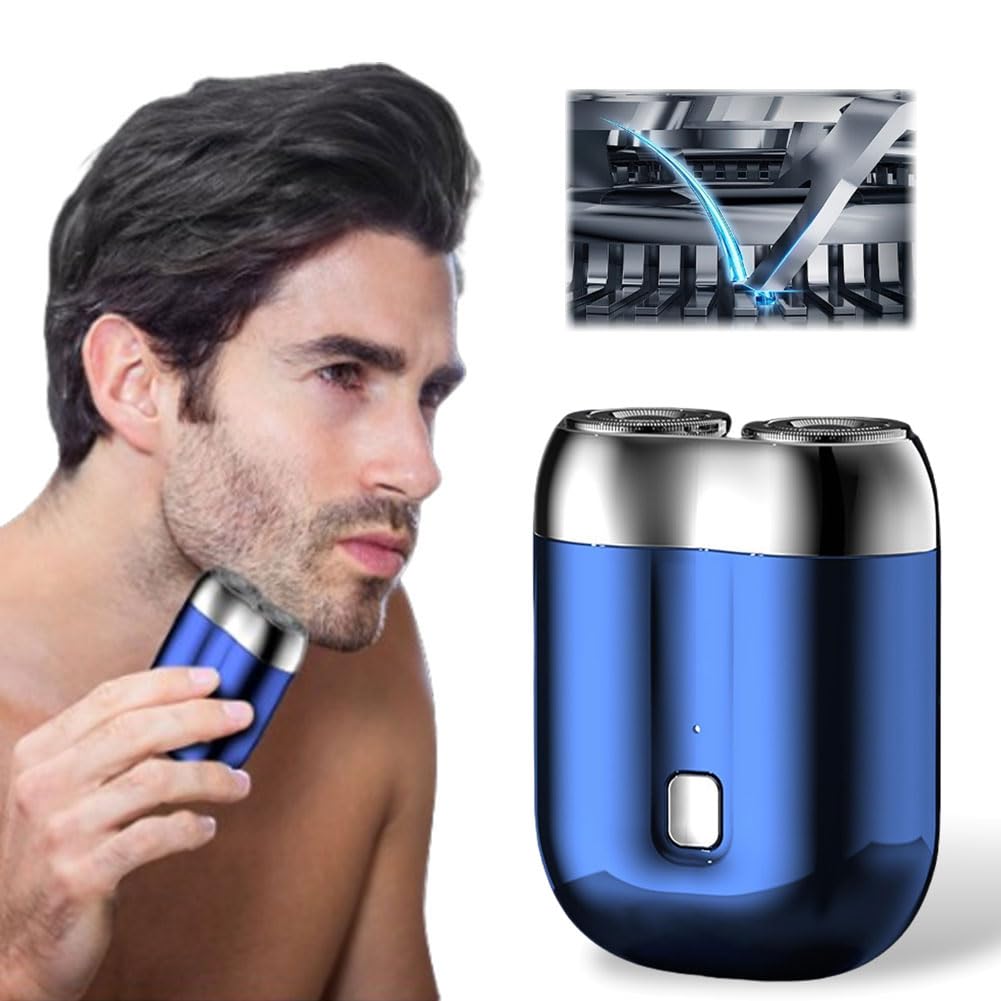 Premium Mini Dual-Head Electric Shaver - Portable Pocket-Size Rechargeable Shaver for Men & Women with Double-Ring Magnetic Cutter - Travel, Gym & On-The-Go Grooming (Blue)