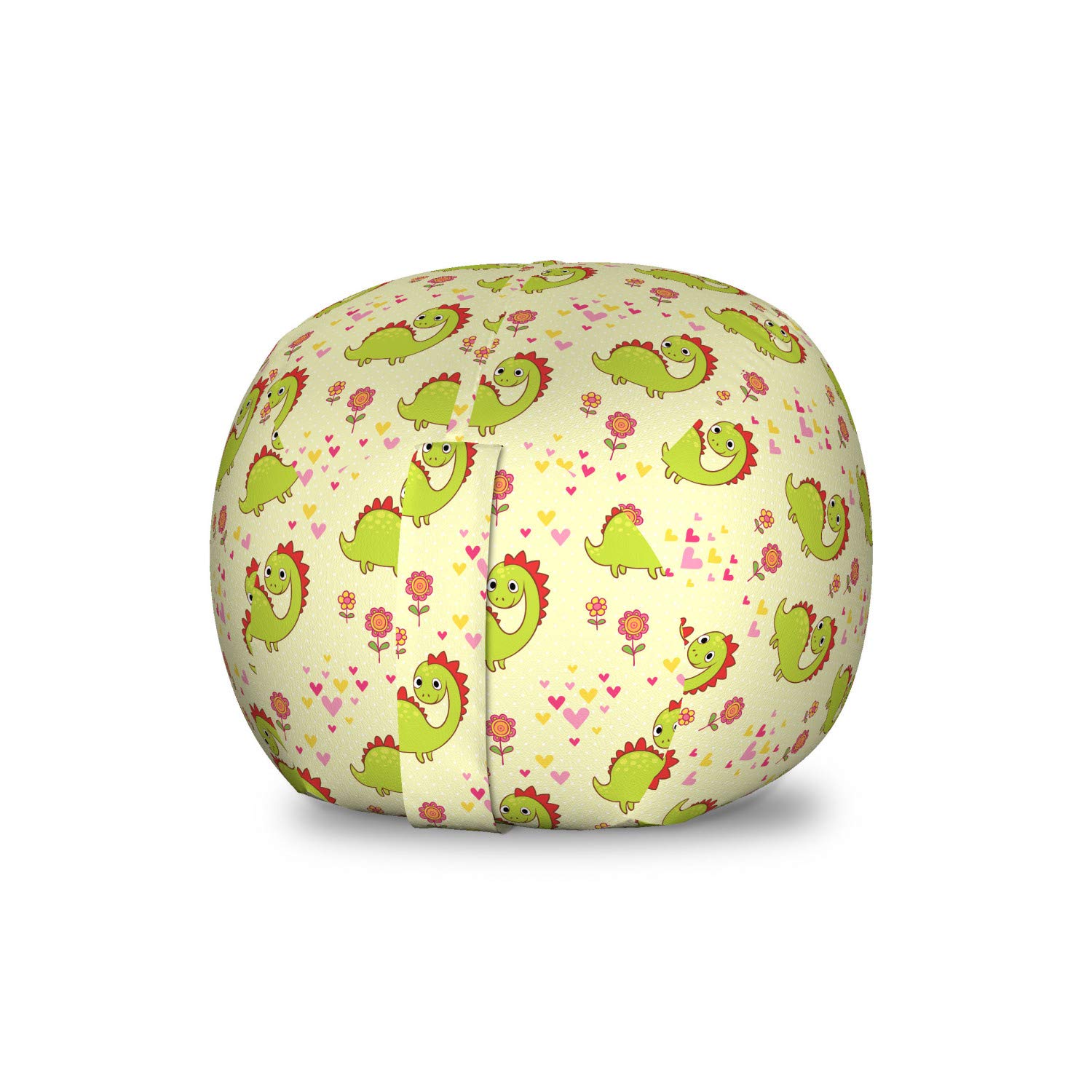Ambesonne Dinosaur Toy Storage Bag Chair - Washable Stuffed Animal Organizer with Dinosaur & Floral Print, Small Size Green & Yellow - Perfect for Kids' Room, Playroom & Toy Organization